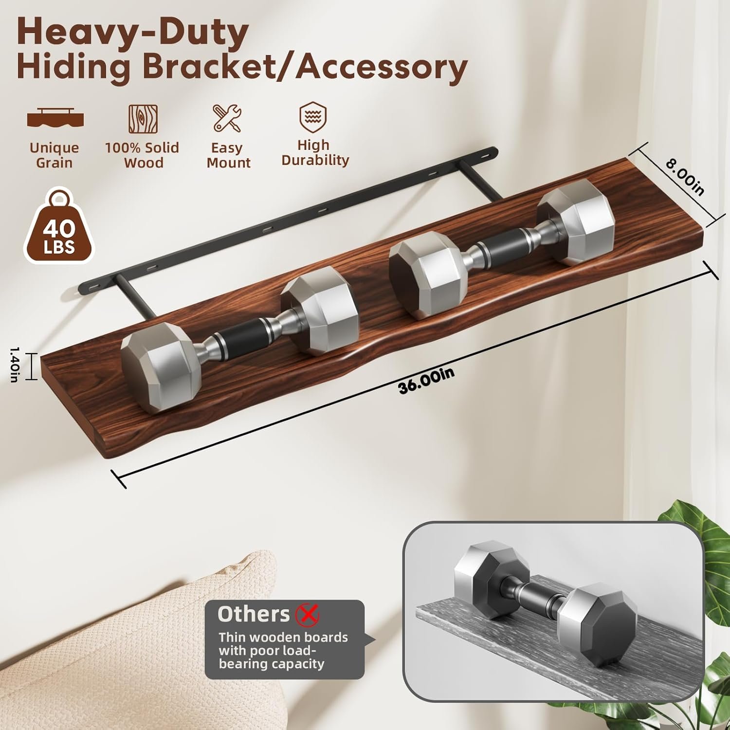 Floating Shelves for Wall Rustic Farmhouse 36 Inch Floating Shelf Bathroom Wooden Shelves for Wall Mounted Live Edge Pine Shelf with Unique Natural Grain for Living Room Bedroom Kitchen (Walnut) - Image 4