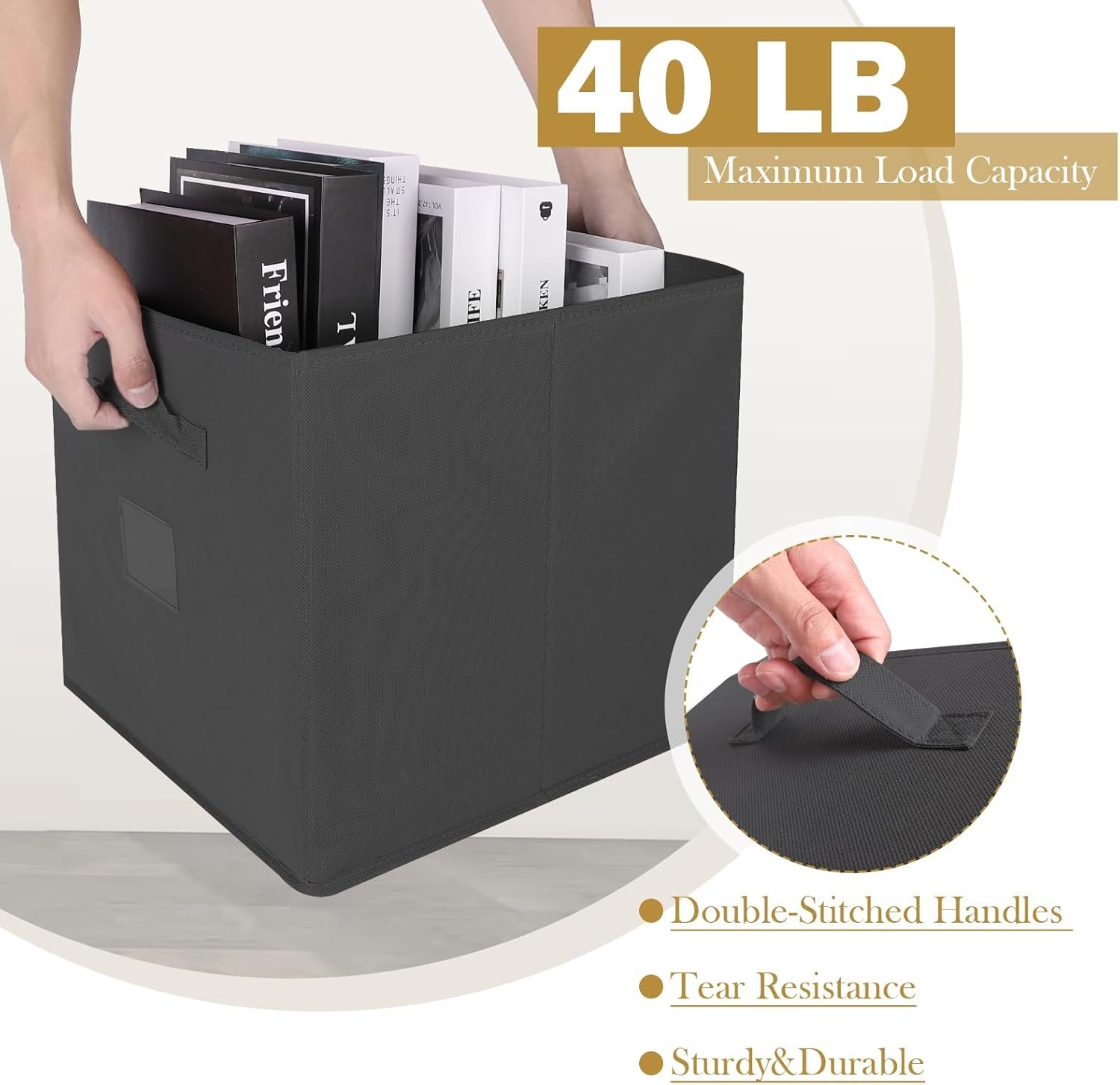 13x13x13 Storage Cubes Bins 6 Pack, Collapsible Fabric Storage Bins with Fabric Handle, Simple Cubical Storage Boxes for Cube Organizer, Shelf and Closet Storage (Black) - Image 4