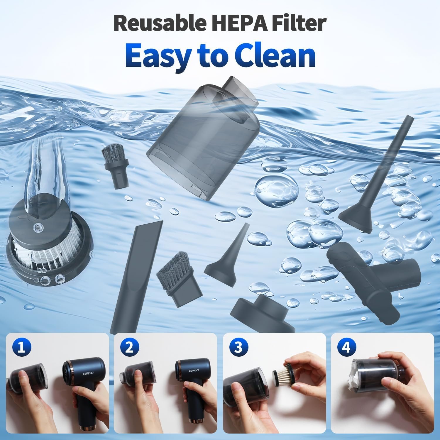 Car Vacuum Handheld Vacuum Portable Cordless, 18000Pa 5 in 1, 100W Brushless Motor, High Power Vacuum Cleaner with Window Breaker Hammer, LED Light, Multi-Nozzles for Car, Home, Pet, Office - Image 8