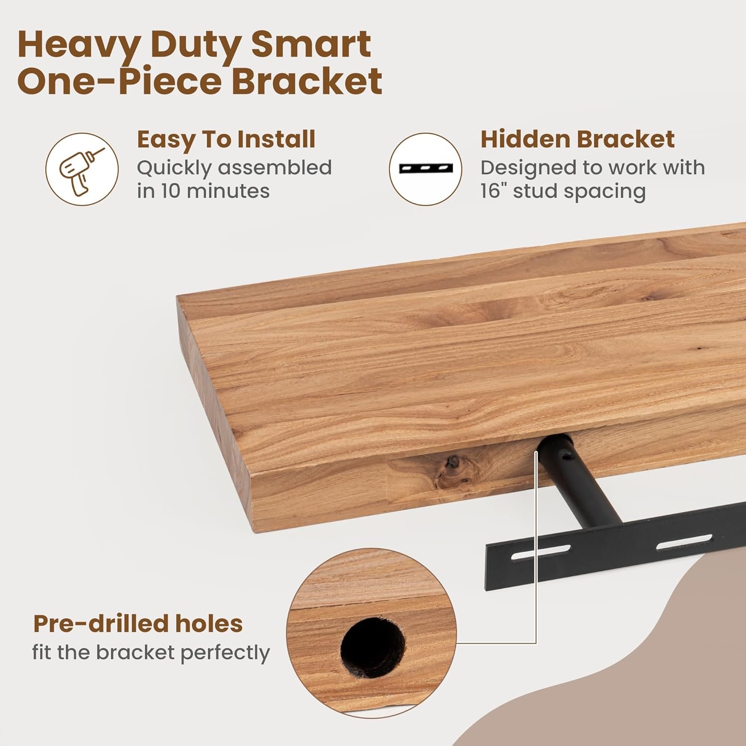 Floating Shelves for Wall Decor, Rustic Solid Elm Wood Live Edge Floating Shelves Wall Mounted, Wall Shelves with Invisible Bracket for Living Room Bathroom Bedroom Kitchen, 24 Inch Set of 2, Natural - Image 7