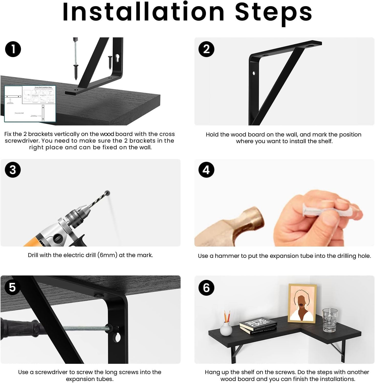 NATURE'S SOURCE Corner Floating Shelves Set of 3, Corner Shelves Wall Mounted, for Bedroom Kitchen Living Room Bathroom Office- Gothic Style (Black) - Image 8