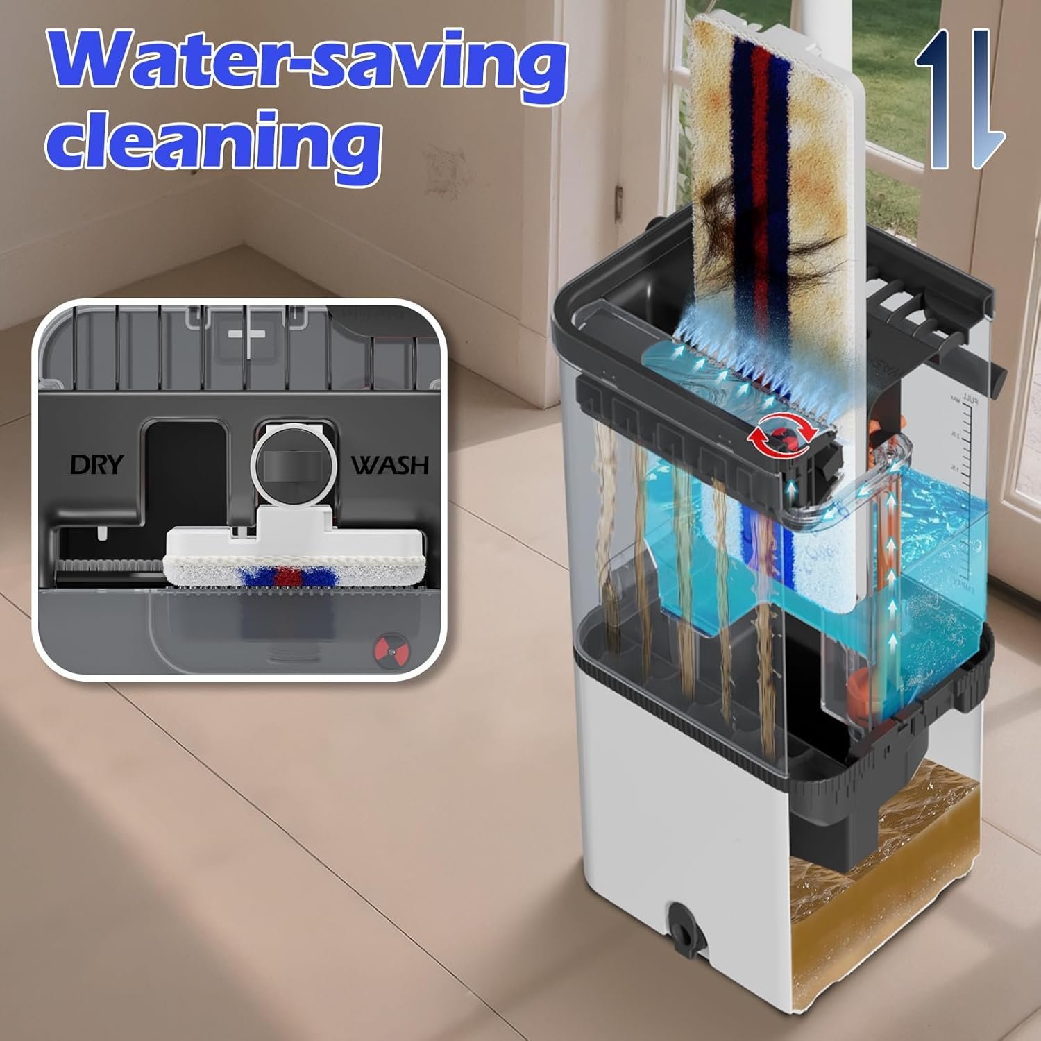 Mop and Bucket Set,Midyb Flat Mops and Bucket System with 2 Microfiber Pads,Mop and Bucket with Wringer Set,Automatic Separates Dirty and Clean Water,Wet and Dry Use Mops for Floor Cleaning - Image 3