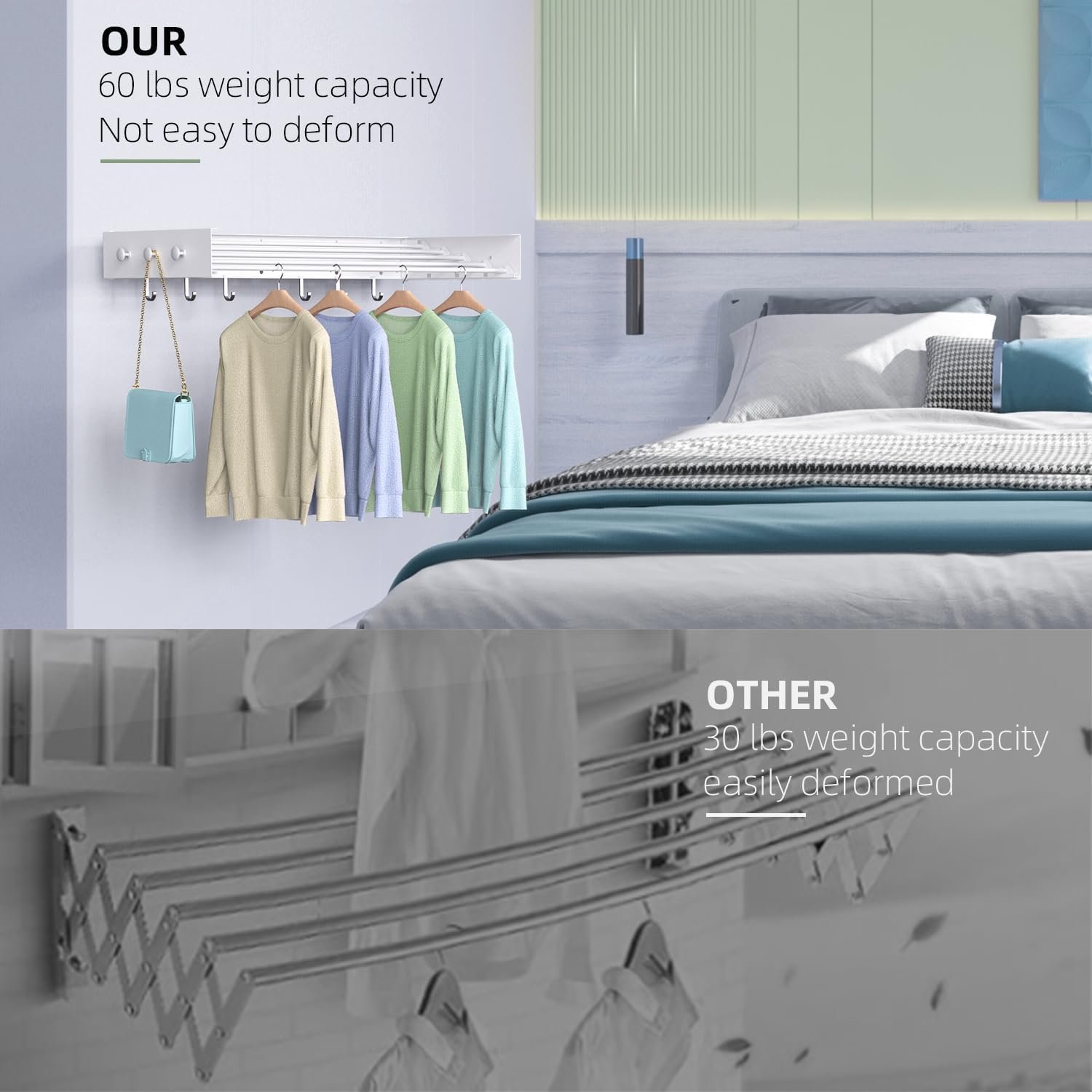 Drying Rack Clothing,Clothes Drying Rack Wall Mounted,Laundry Drying Rack Wall Mount,Foldable,Collapsible,60 lb Capacity 5 Aluminium Poles with 12 Hooks,Space Saving Clothes Drying Rack,White 31.5" - Image 10