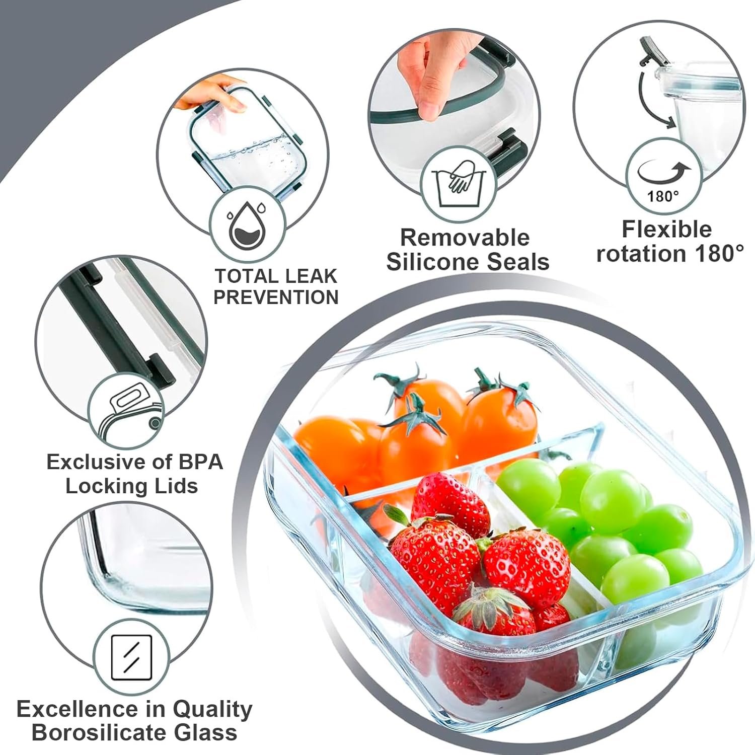 VERONES 5 Pack Glass Meal Prep Containers 3 Compartment Set, 36OZ Airtight Glass Lunch Containers, Glass Food Storage Containers with Lids, for Microwave, Oven, Freezer & Dishwasher Friendly,Grey - Image 6