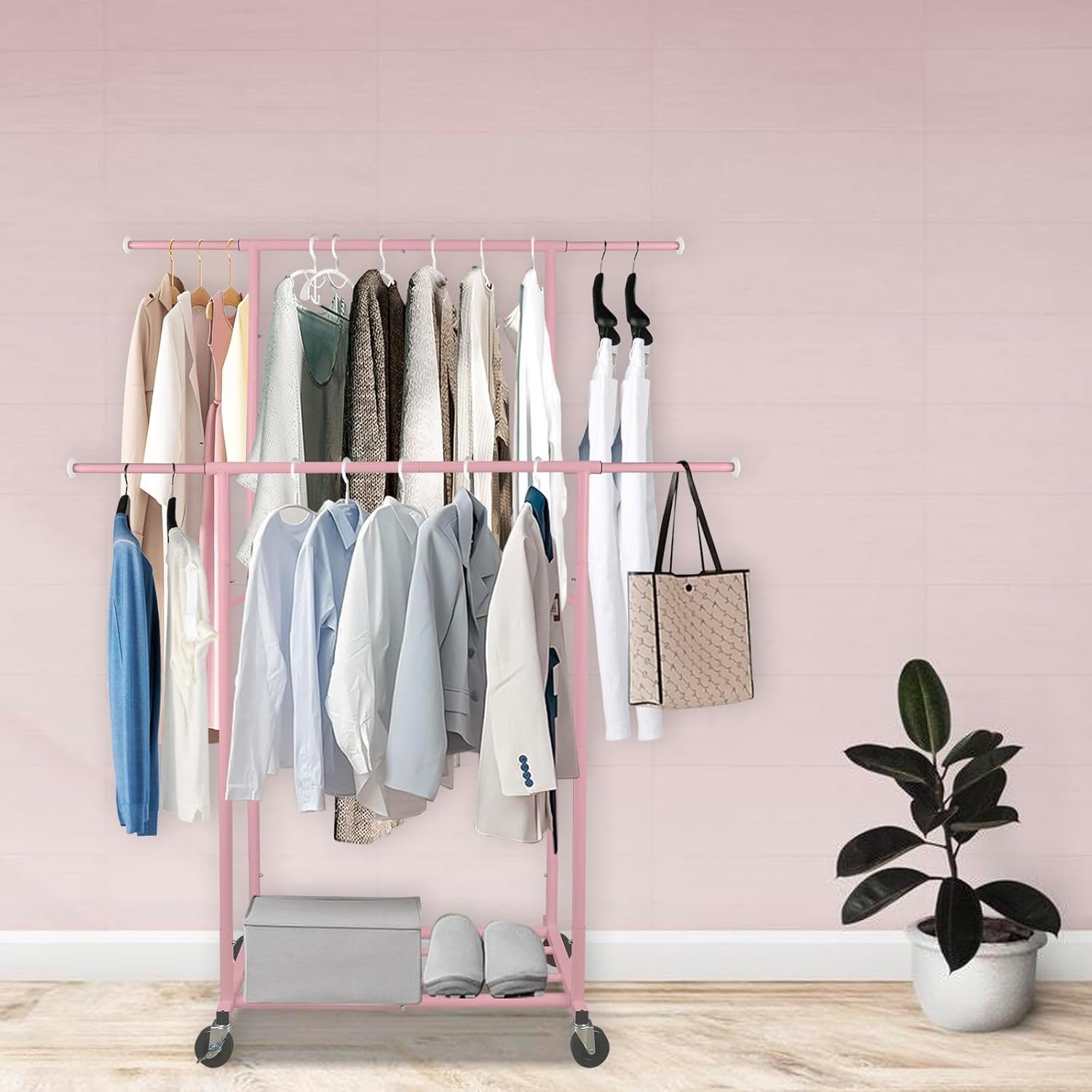 Portable Pink Double Rods Garment Rack with Rolling Clothes Organizer on Lockable Wheels Mobile for Gilr Women, 48" W x 15" D x 67" H, Metal Simple Hanging Clothes with 2 Hook - Image 9