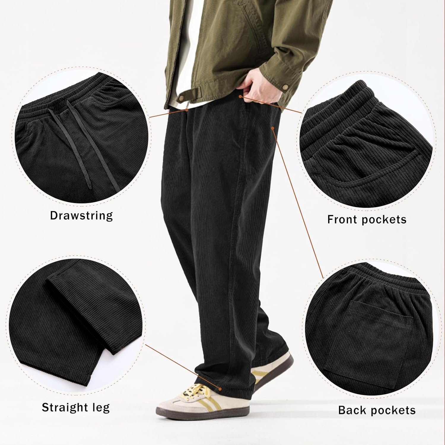 PLEPAN Mens Corduroy Pants Baggy Wide Leg Casual Elastic Waist Drawstring Loose Fit Sweatpants - Image 5