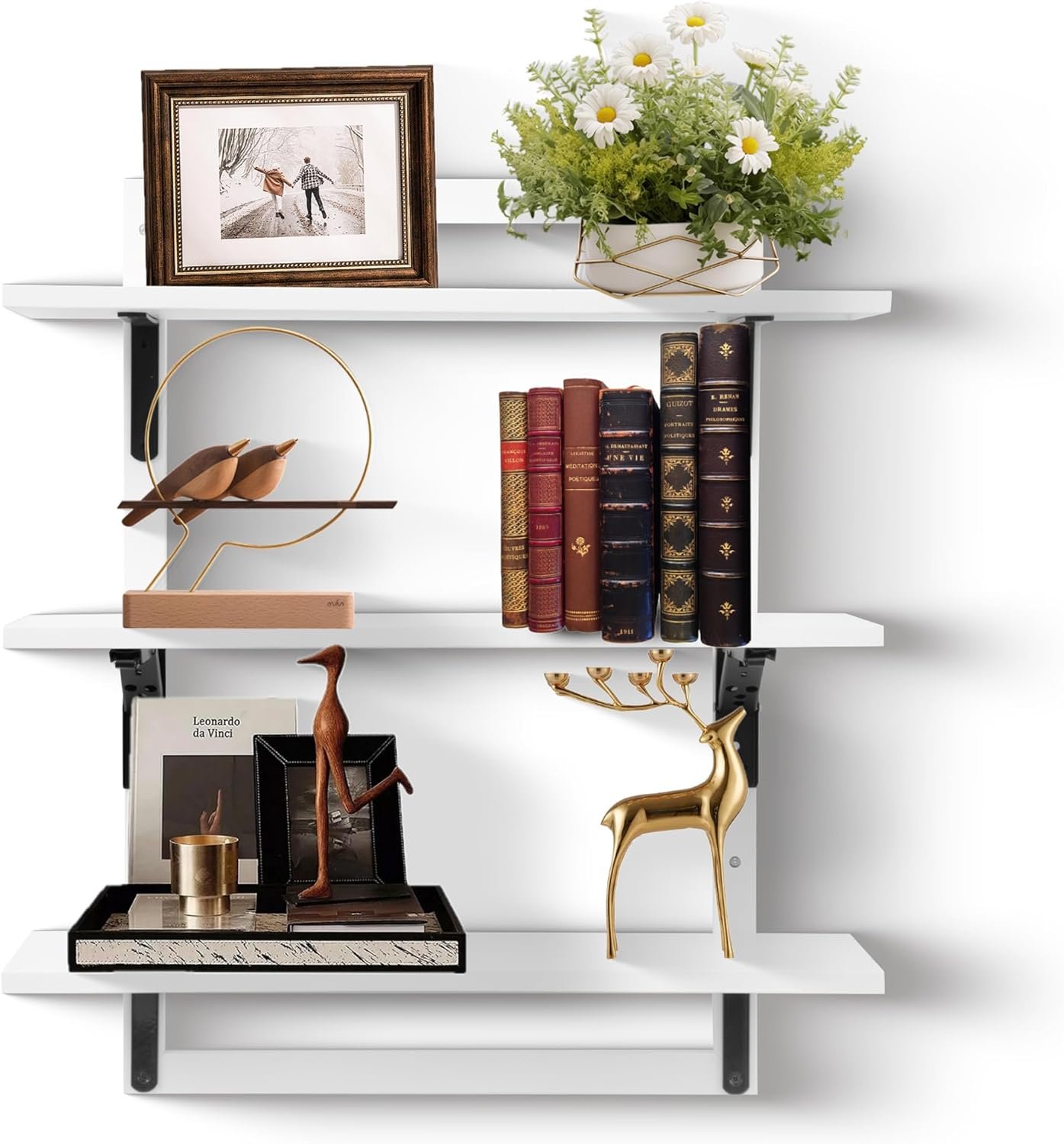 24-Inch Floating Shelves for Wall,3-Tier Wooden Wall Mounted Kitchen Shelves with Foldable Brackets,Hanging Wall Shelves for Living Room, Coffee Bar,Bedroom, Bathroom,Classic White - Image 2