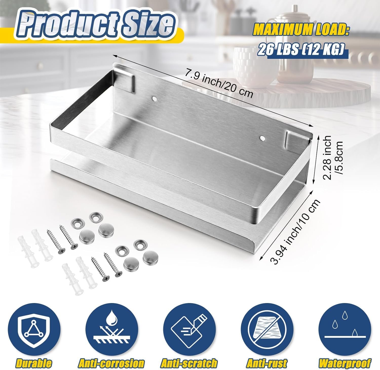 Lallisa 2 Pieces Stainless Steel Shelf Bathroom Shower Floating Shelves Wall Mounted Shower Caddy Basket Shelf Storage Organizer Shelves for Bathroom, Kitchen, Living Room (7.87 Inches/ 20 cm,Silver) - Image 4