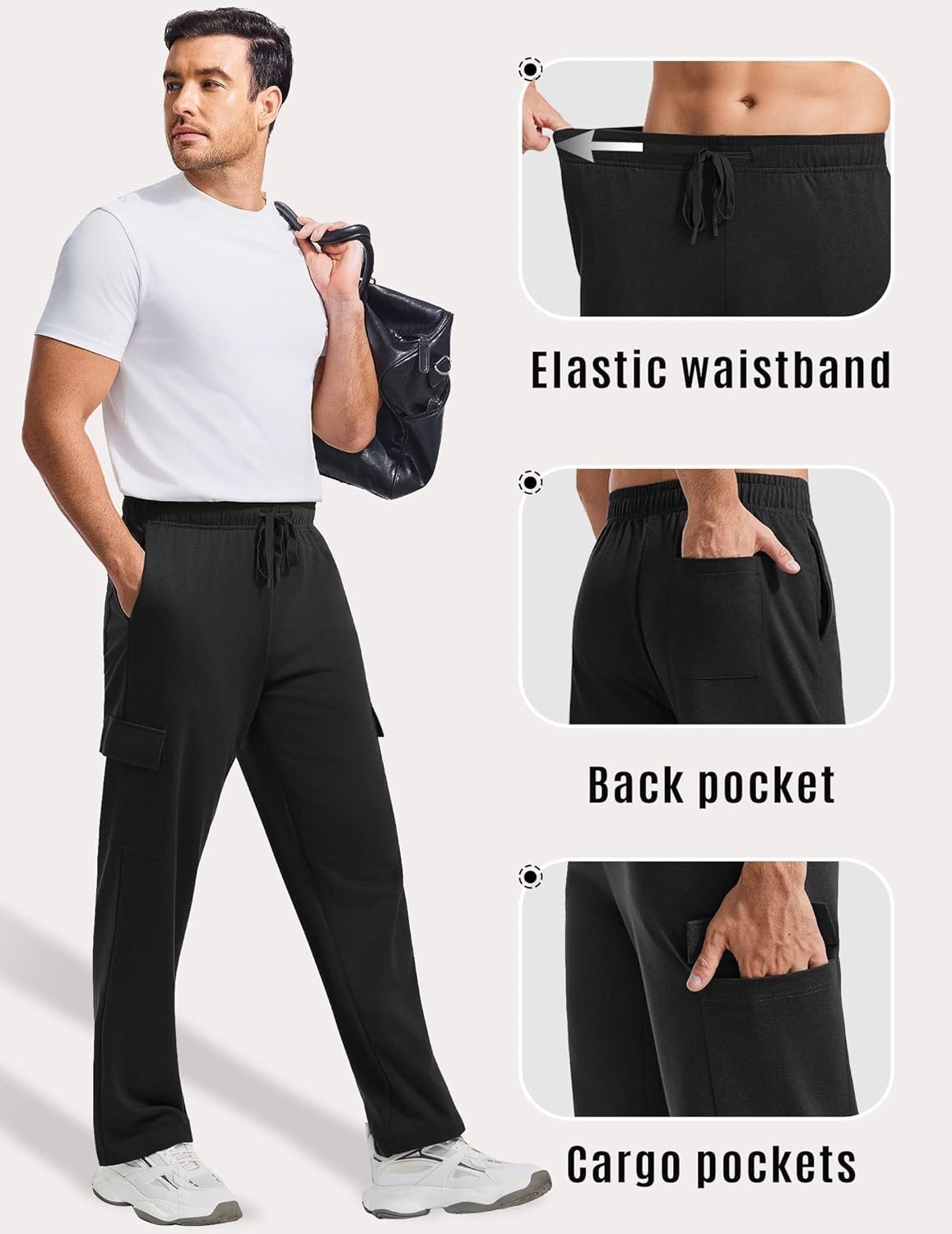 PINSPARK Men's Cargo Sweatpants with Pockets Open Bottom Baggy Cotton Jogger Sweatpants Uncuffed Lounge Pants Straight Leg - Image 5