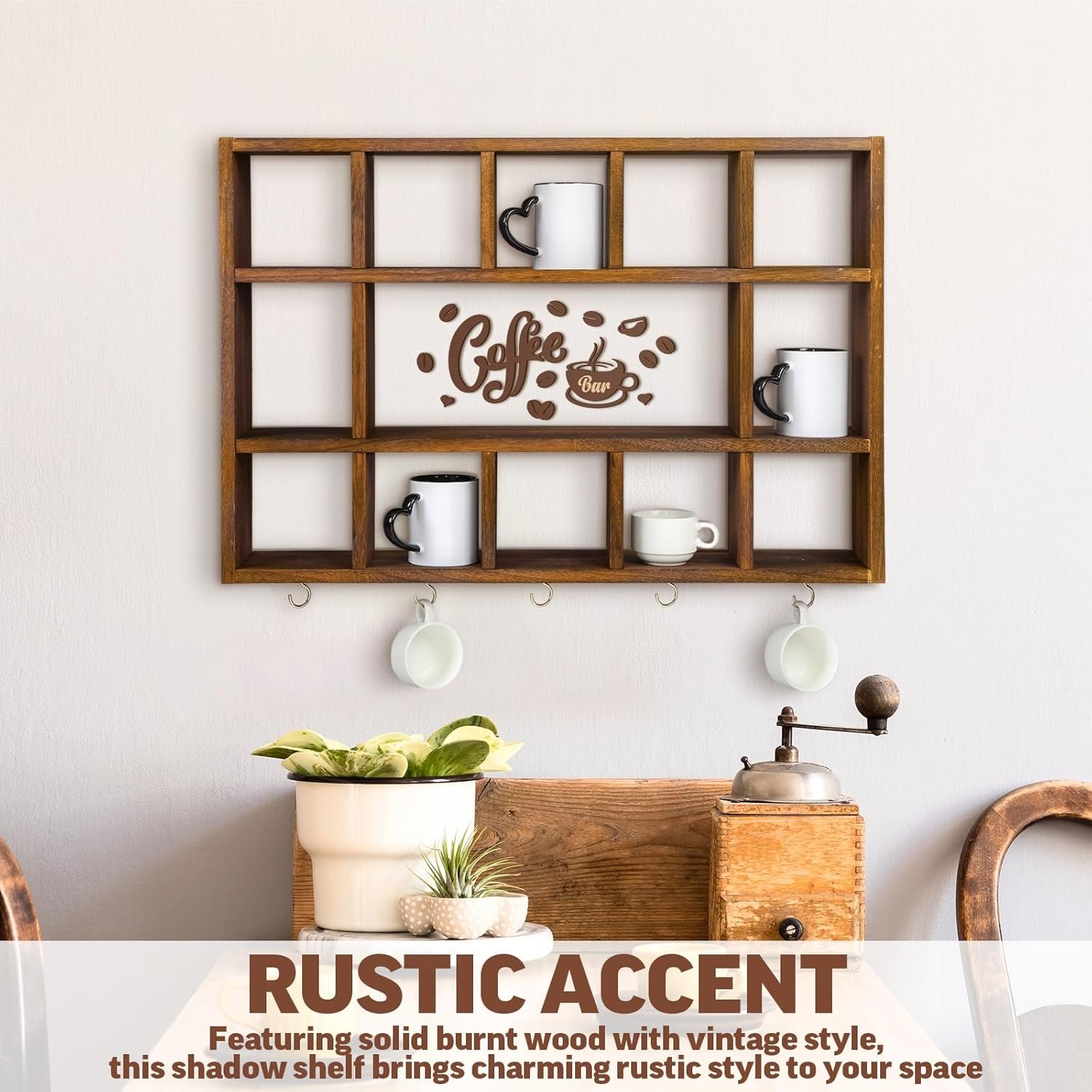 Oversize Coffee Mug Display Shelf for Wall Wood Coffee Mug Rack Wall Mounted Shelf Cubes Cup Hooks Hanger with Bar Sign Decor for Kitchen Station Bar Accessories(Rustic Brown) - Image 7