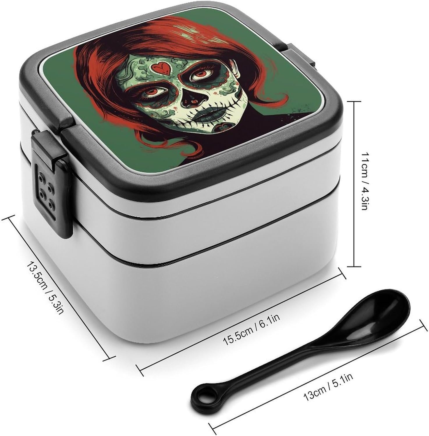 Skull Makeup Bento Box with Spoon, 2-layer Stackable Lunch Box Leak Proof with Invisible Handle, Insulated Food Storage for Office, Picnic & Travel - Image 3
