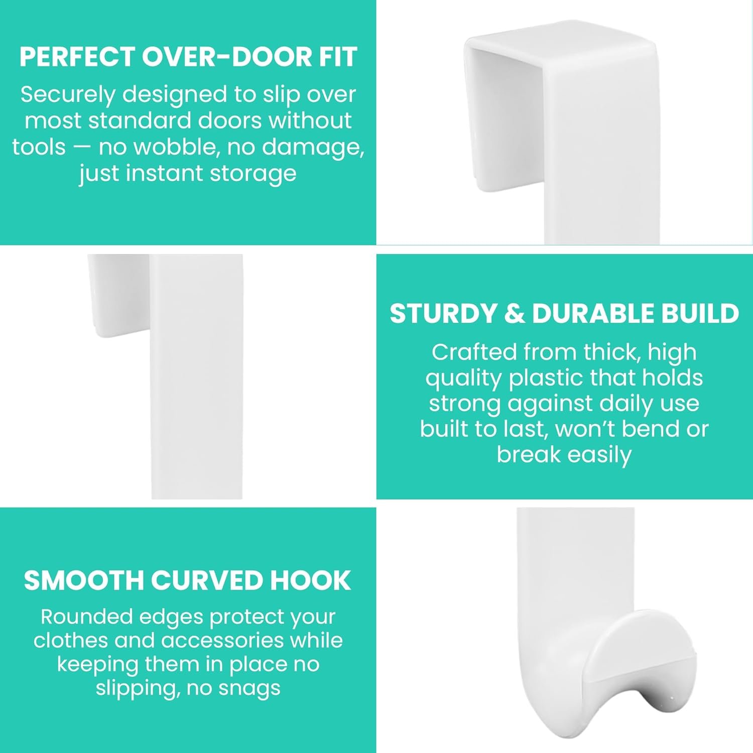 Iconikal 6-Pack Over The Door Hooks Plastic White Valet Hanger for Coats Towels Robes Bags Bathroom Bedroom Closet Organizer No Tools Bulk Pack - Image 5