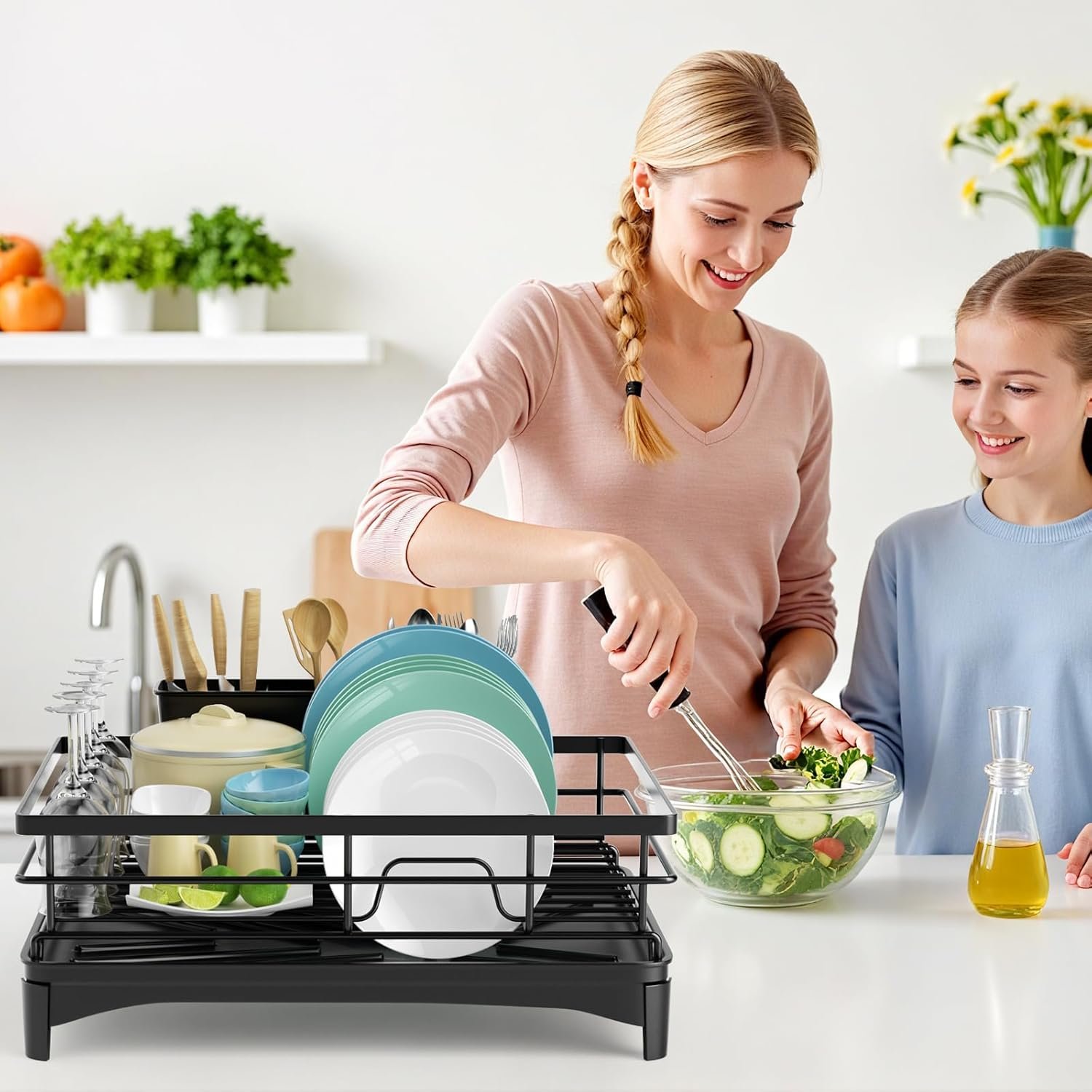 Black Stainless Steel Dish Drying Rack for Kitchen Counter, Space-Saving Dish Drainer with Drainboard, Utensil Holder & Collapsible Design - Image 8