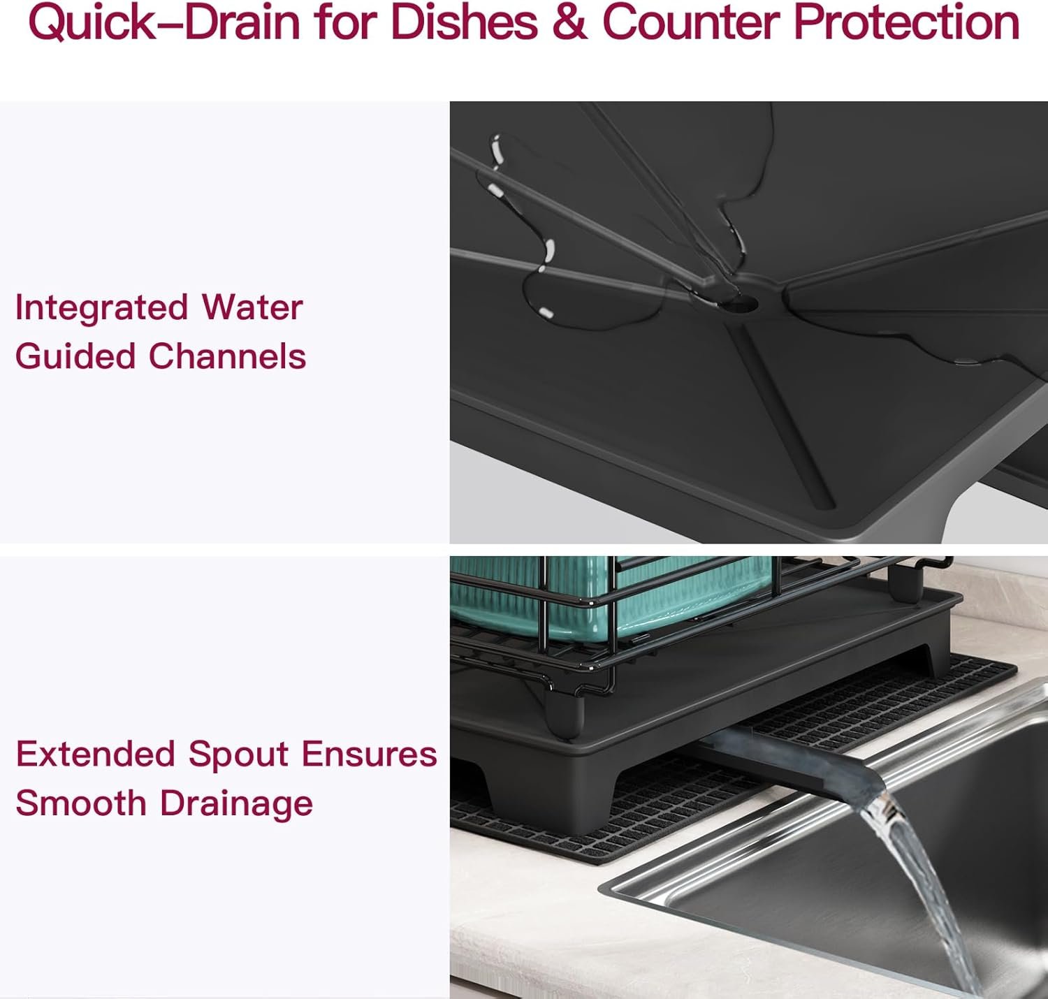 BOOSINY 2 Tier Black Large Stainless Steel Dish Drainers Drying Rack for Kitchen Counter with Drainboard, Rust Proof Metal, Space Saving, Modern Aesthetic, Compact Plates Strainers with Extra Mat - Image 6