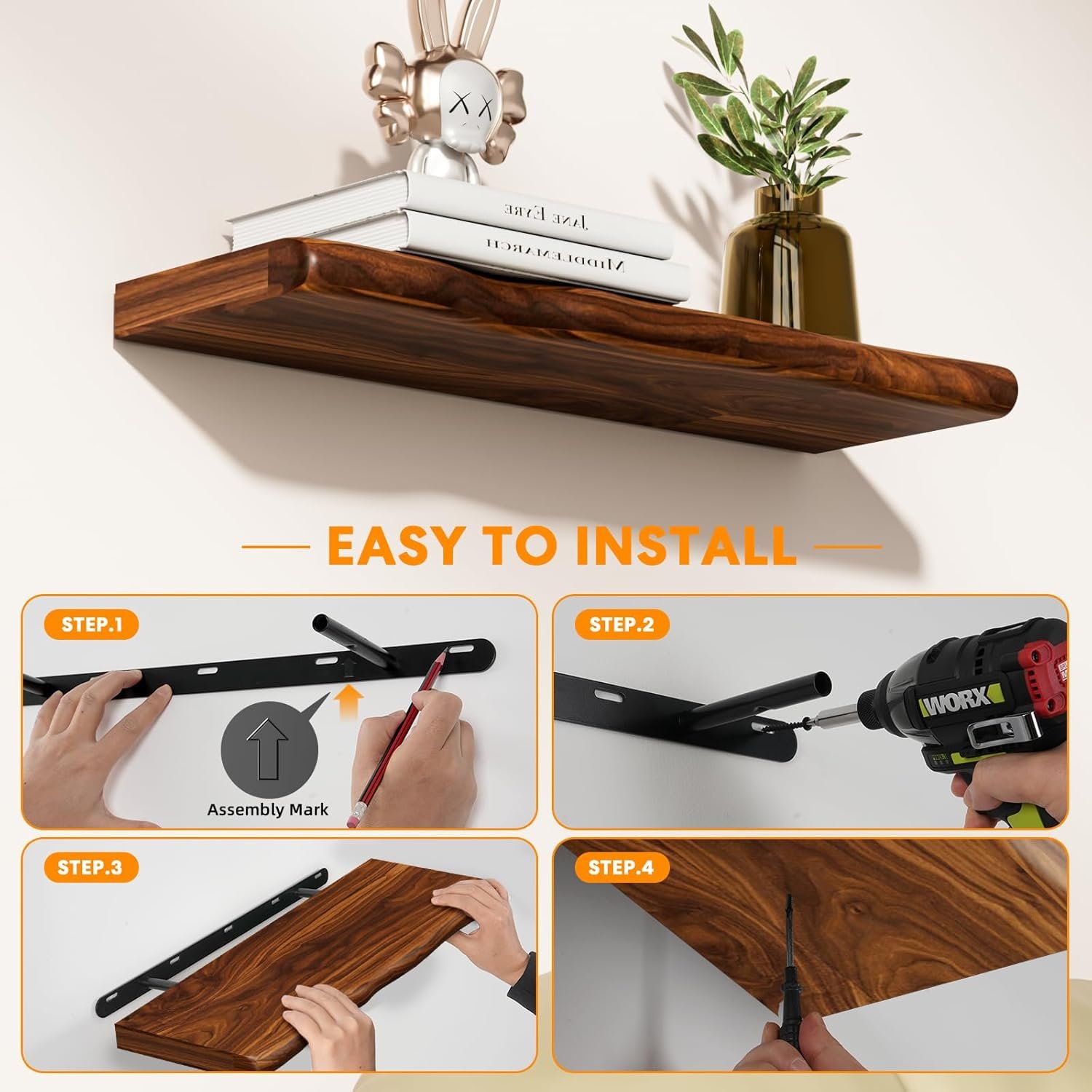 Floating Shelves for Wall Rustic Farmhouse 36 Inch Floating Shelf Bathroom Wooden Shelves for Wall Mounted Live Edge Pine Shelf with Unique Natural Grain for Living Room Bedroom Kitchen (Walnut) - Image 10