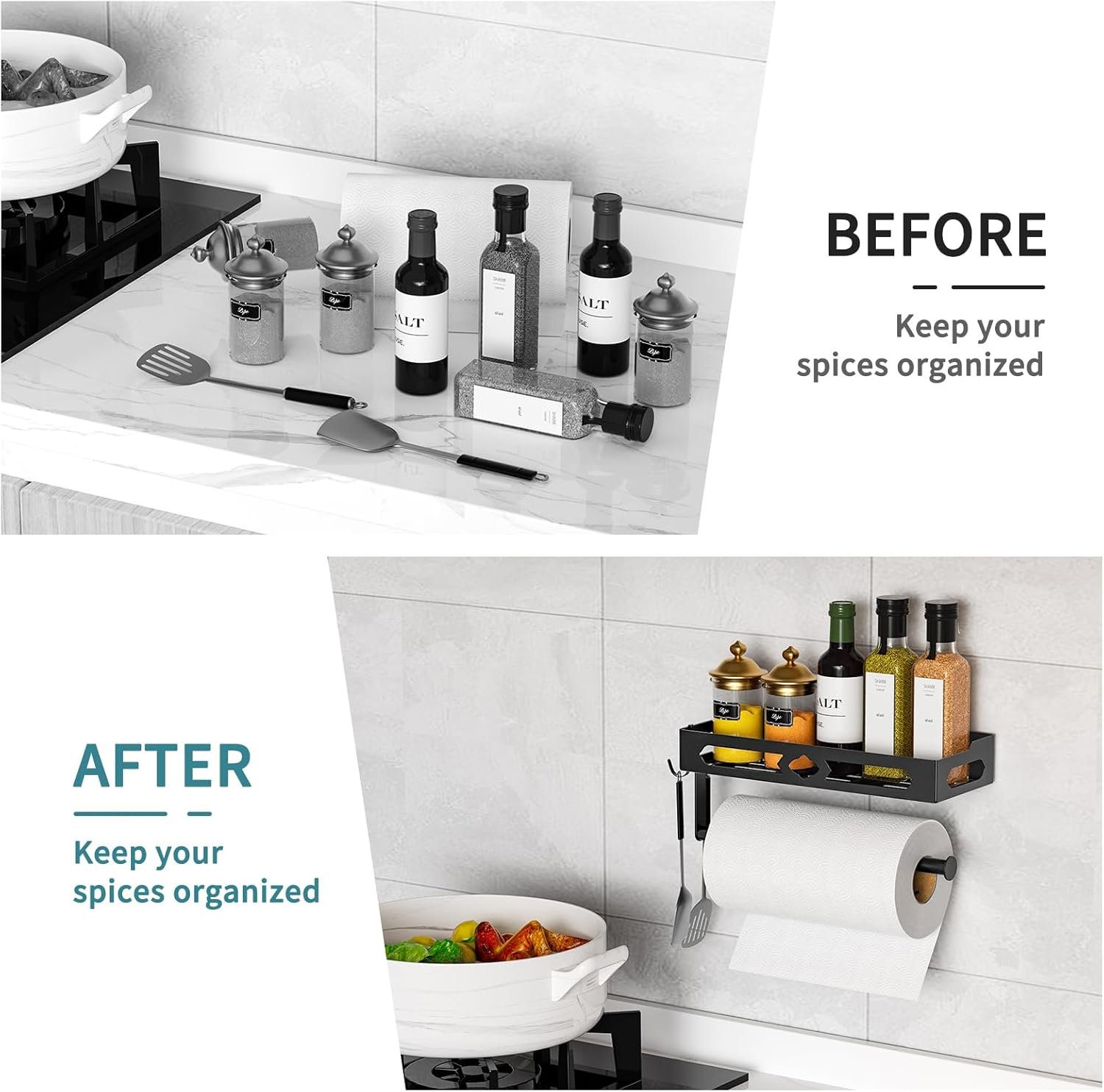 Paper Towel Holder with Shelf for Bathroom, Kitchen Paper Holder Spice Rack Paper Towel Roll Holder Wall Mounted Paper Towel Holder with 2 Hooks(2 Installation Methods - Self-Adhesive and Drilling) - Image 4