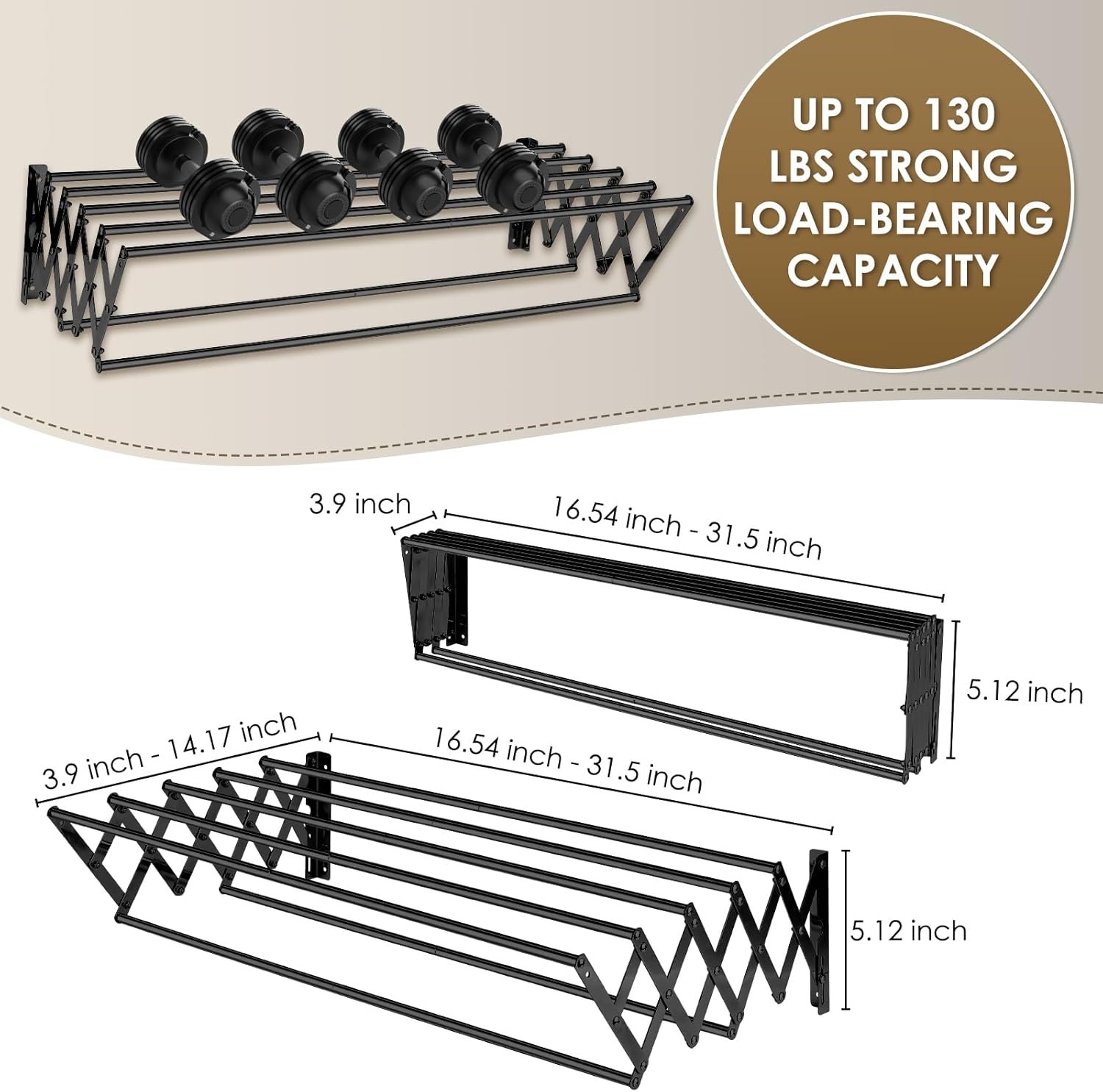 XL-31.5'' Wall Mounted Clothes Drying Rack, 130 lbs Large Capacity Rustproof Retractable Collapsible Drying Rack Easy Install with 7 Drying Rods, Space Saving Towel Clothes Rack for Laundry-Black - Image 3