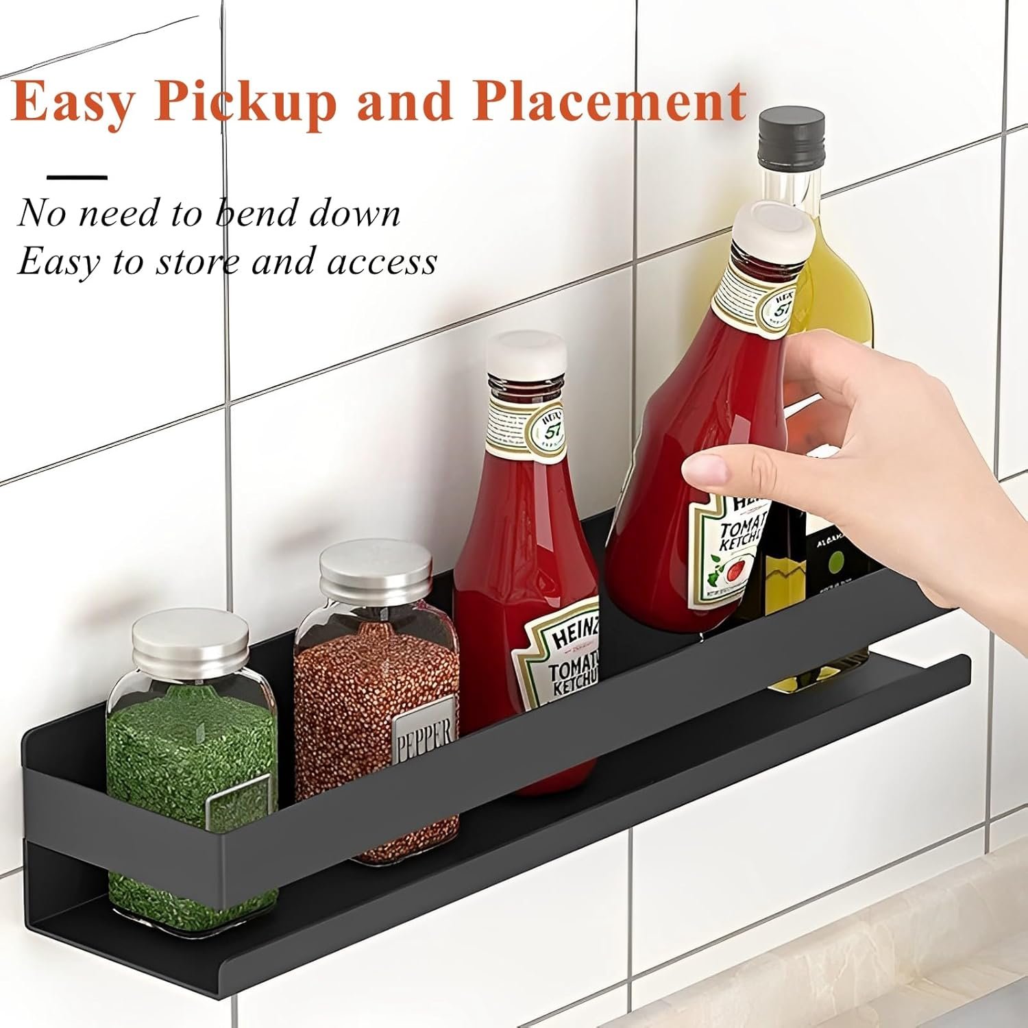 Floating Stainless Steel Shelves with Baking Paint Technique Rust Protection, Nail-Free Wall Mounted Spice Rack for Kitchen,Storage Organizer Shelves,Set of 1 Black - Image 7