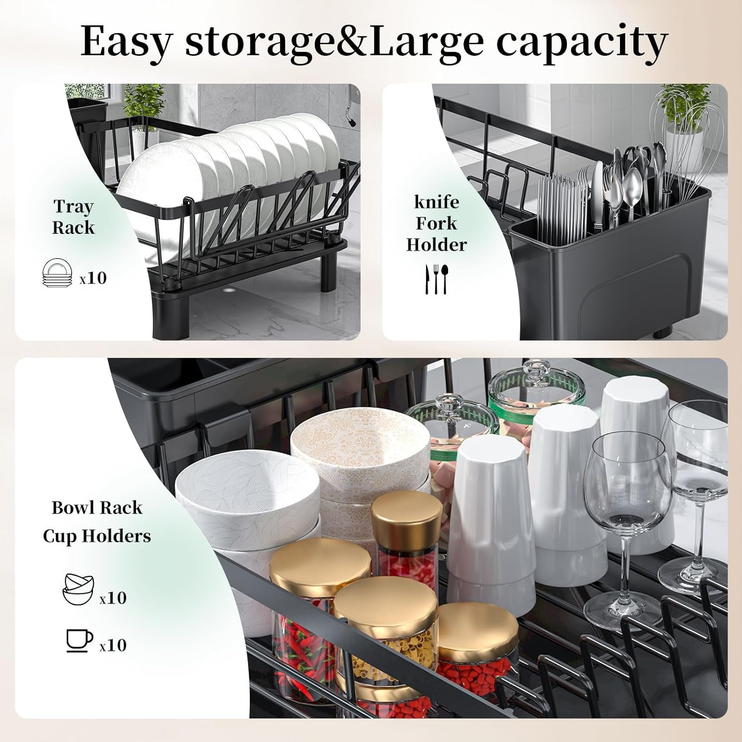 Dish Drying Rack Space-Saving Dish Racks for Kitchen Counter with Drainer, Rustproof Drying Rack with Sink Organizer and Utensil Holder,15" Dx11 W (inches),Black,Rv and Apartment Must Haves - Image 3