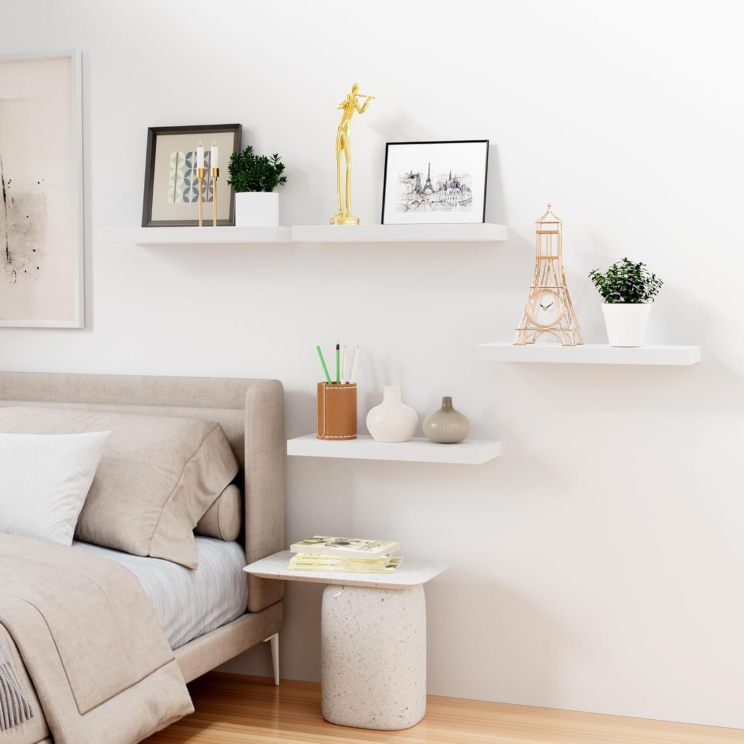 Bellsal Floating Shelves for Wall, White Engineered Wood Wall Shelf Set of 4, 16" Wall Mounted Floating Shelf for Kitchen, Living Room, Bedroom, Bathroom Storage, Book Shelf for Walls Home Decor - Image 8