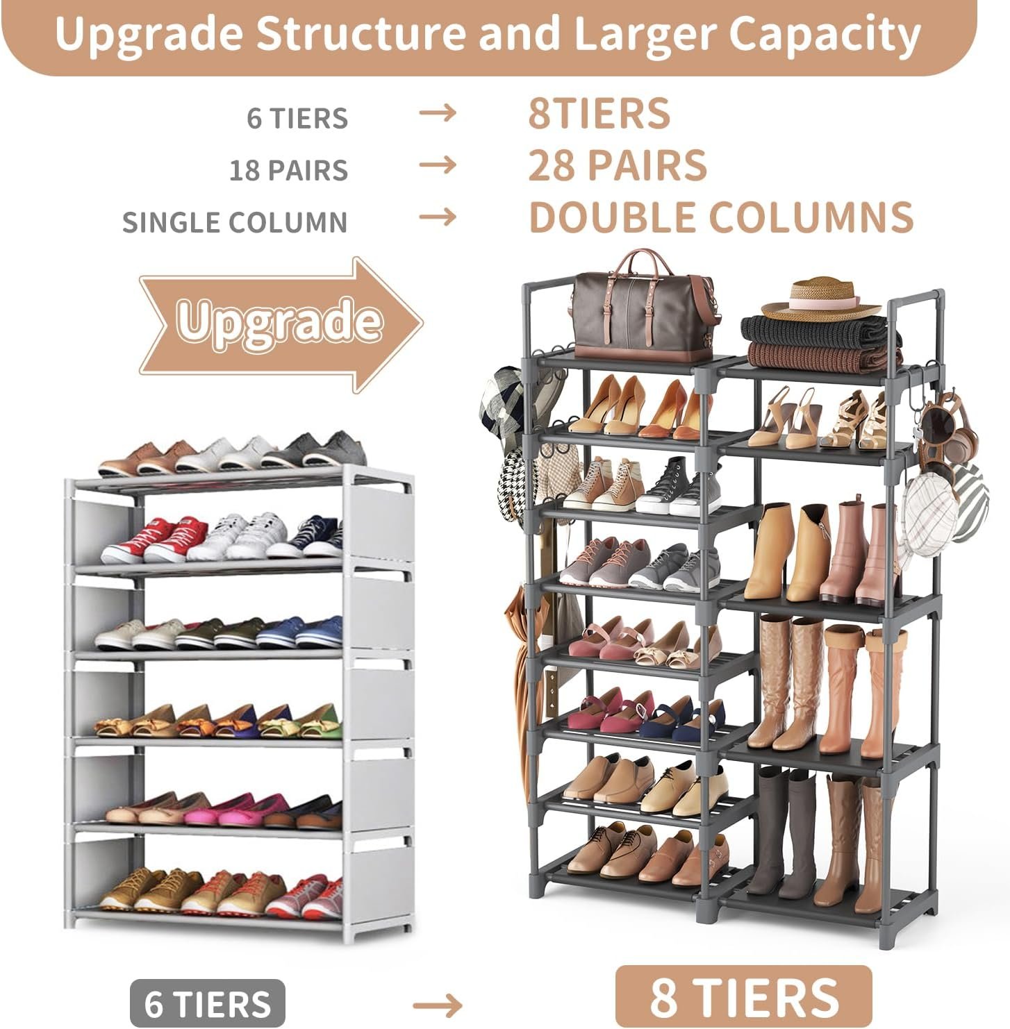 ROJASOP Shoe Rack, Shoe Storage Organizer for Closet Entryway Garage Bedroom, 8 Tier Tall Metal Shoe Shelf for 26-32 Pairs Boots & Shoes, Adjustable Shoe Stand for Small Space - Image 5