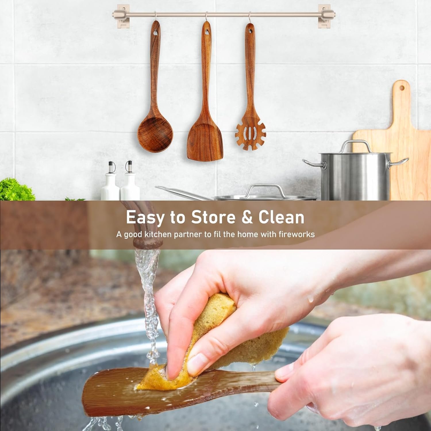 FJNATINH 3-Piece Teak Wooden Wok Spatula Set, Wooden Kitchen Utensil Set, 100% Natural Teak Wood Cooking Utensils - Image 9