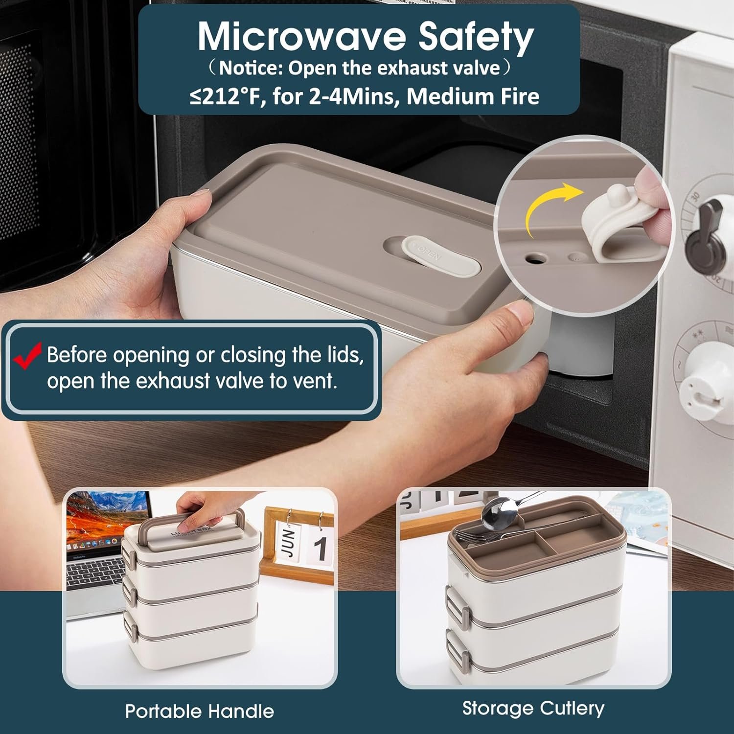 Bento Box Adult Lunch Box, Stackable 3 Layer 304 Stainless Steel Lunch box for Adults Kids Office, 3L Large Capacity Portable Lunch Box Containers with Soup Bowl Spoon and Fork - Image 7