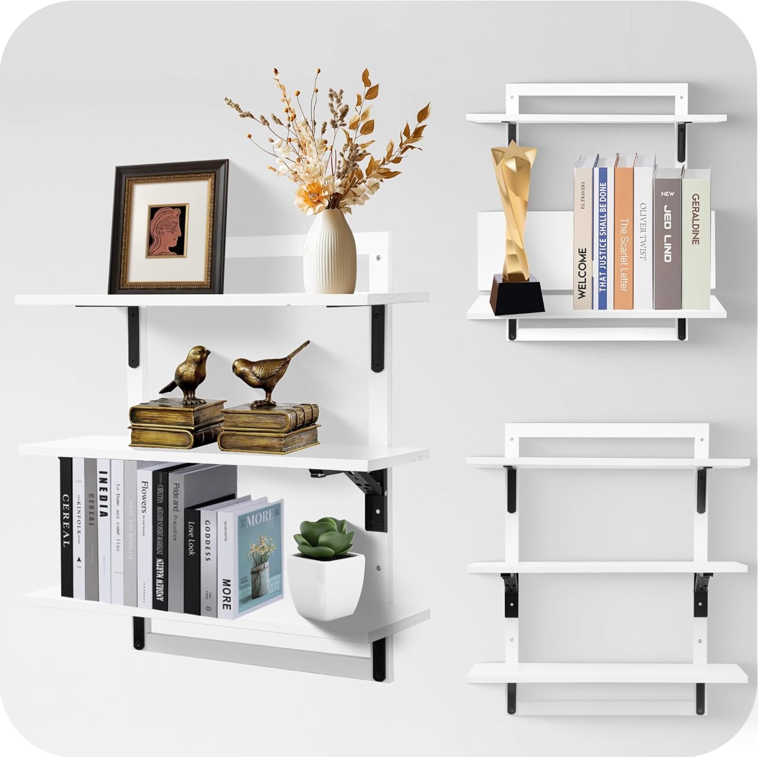 24-Inch Floating Shelves for Wall,3-Tier Wooden Wall Mounted Kitchen Shelves with Foldable Brackets,Hanging Wall Shelves for Living Room, Coffee Bar,Bedroom, Bathroom,Classic White - Image 6
