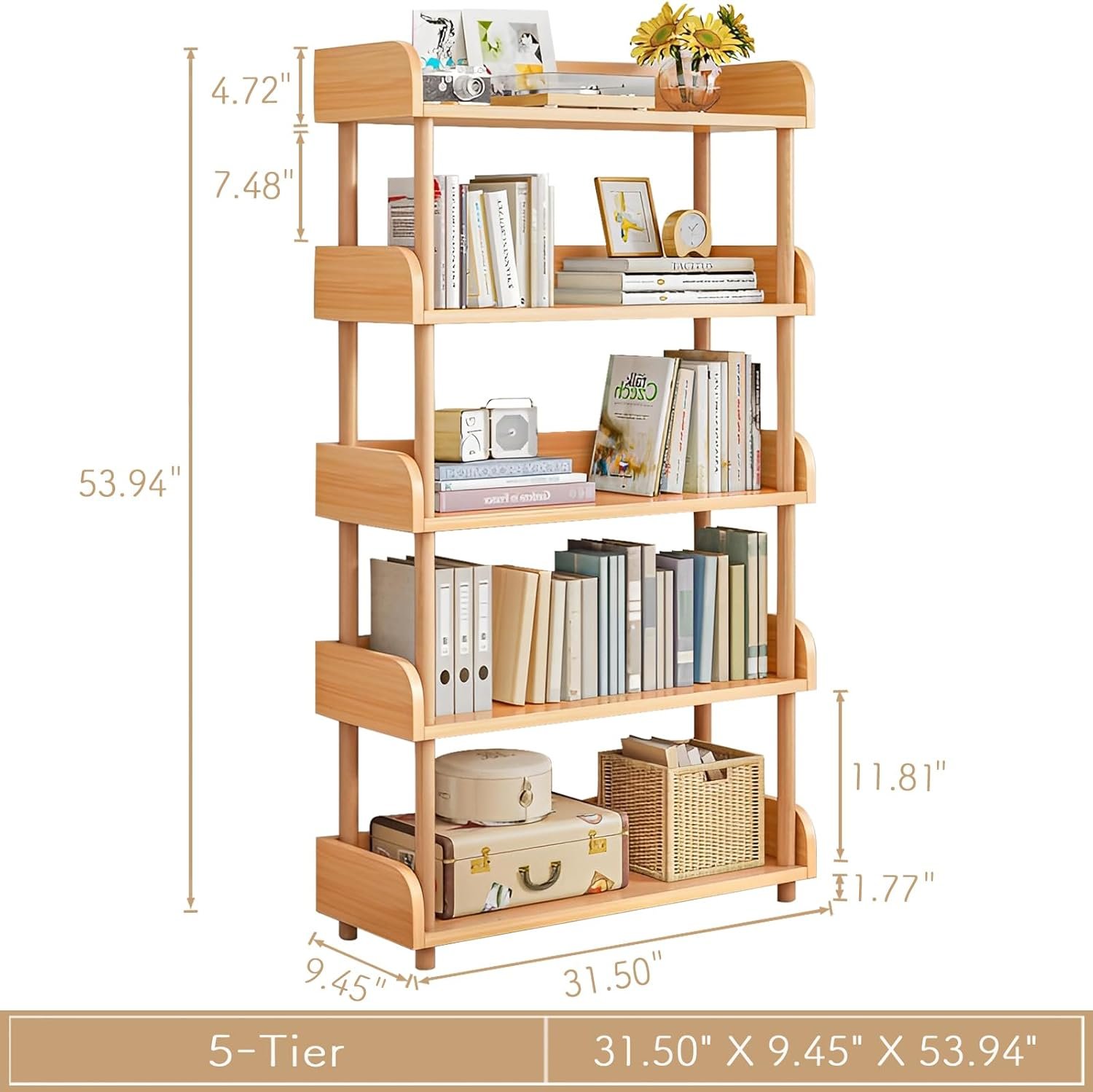 5-Tier Wooden Open Bookcase - Modern Display Bookshelf with Top Edge and Solid Wood Frame for Home and Office, Storage Cabinet, Oak - Image 3