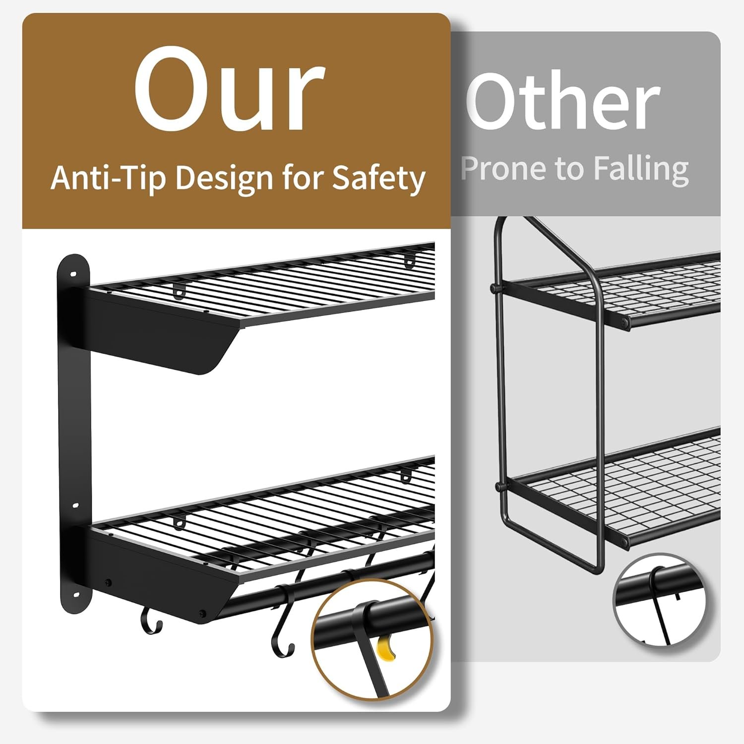 YIGII 30 Inch Pot Rack Wall Mounted, 2-Tier Pots and Pans Organizer with 12 Anti-Drop Hooks, Heavy Duty Kitchen Wall Shelf for Cookware, Lids, Utensils, Black - Image 4