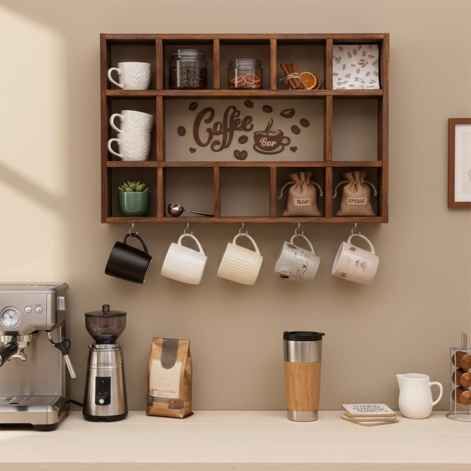 Oversize Coffee Mug Display Shelf for Wall Wood Coffee Mug Rack Wall Mounted Shelf Cubes Cup Hooks Hanger with Bar Sign Decor for Kitchen Station Bar Accessories(Rustic Brown) - Image 3