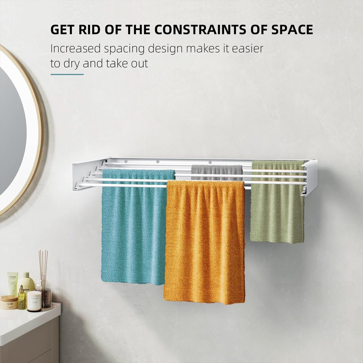 Laundry Drying Rack, Collapsible Wall Mounted Clothes Drying Rack - Drying Rack Clothing Foldable,Space Saving, 31.5" Wide, 13.2 Linear Ft, 5 Aluminum Rods, 60 lb Capacity (White, 23.6") - Image 4