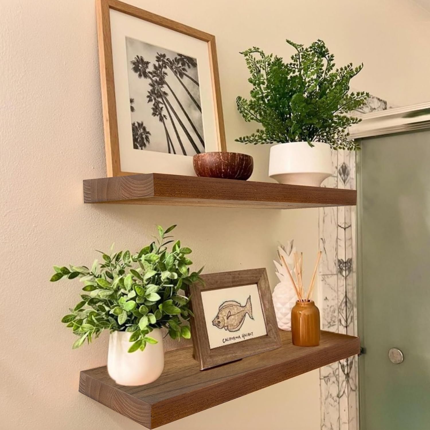 IAE Walnut Floating Wall Shelves 16 inch, Bathroom Shelves Wall Mounted,Invisible Shelf Floating Kitchen Shelves,Wooden Wall Shelving with Brackets for Living Room Wall Mounted,Easy Install,Set of 2 - Image 2