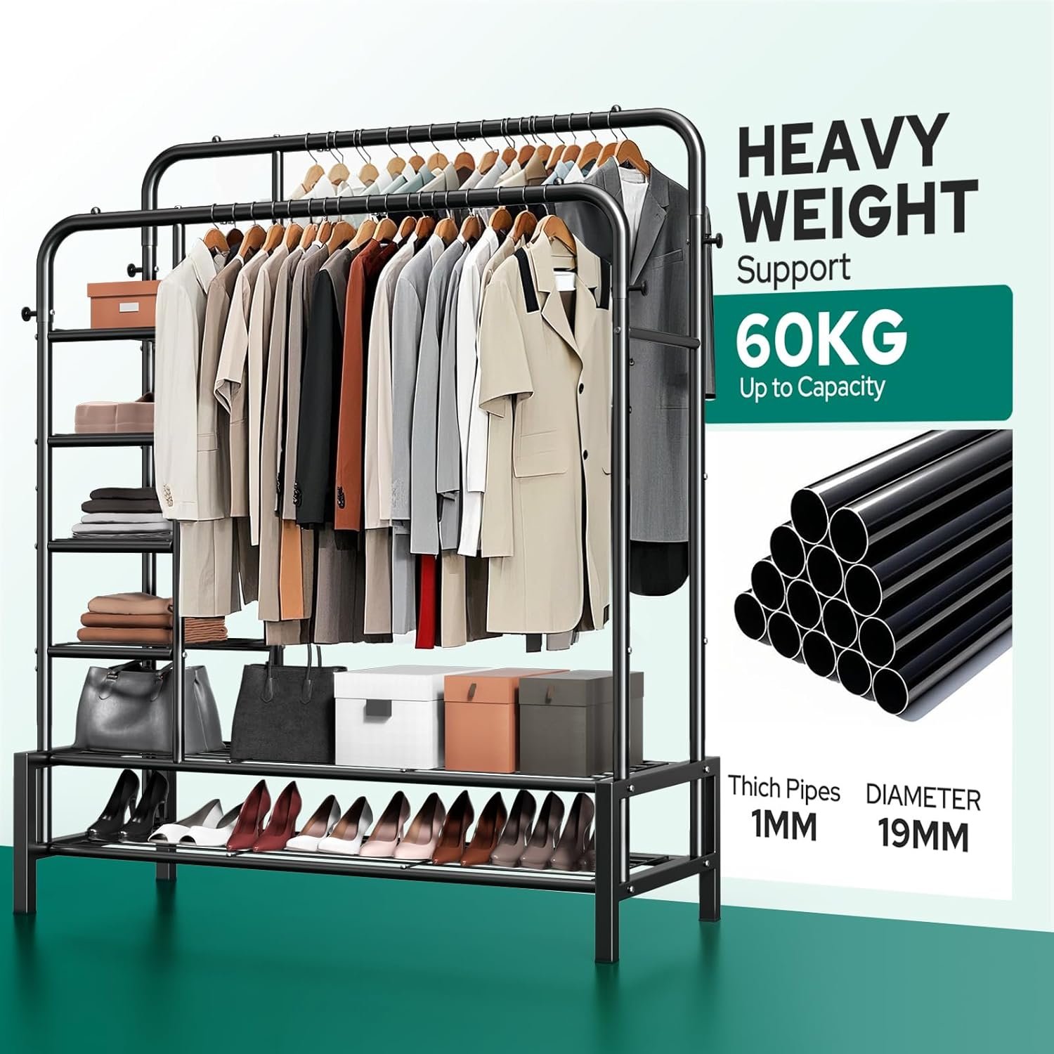 Clothes Rack, Double Rods Clothing Rack with 2 Bottom Shelves & 4 Side Shelves, Metal Garment Rack for Hanging Clothes, Heavy Duty Clothes Rack for Bedroom, Laundry, Living Room, Black - Image 3