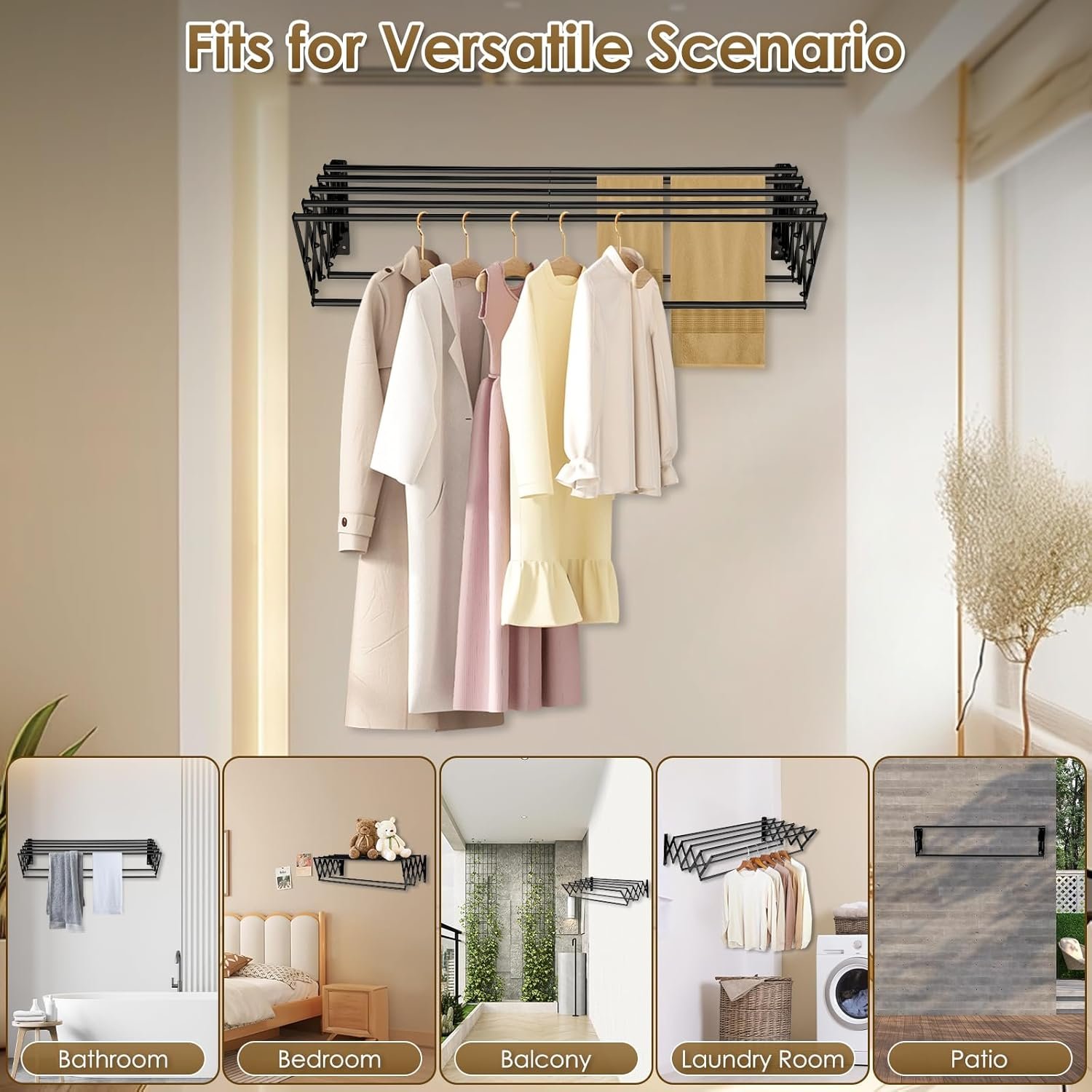 XL-31.5'' Wall Mounted Clothes Drying Rack, 130 lbs Large Capacity Rustproof Retractable Collapsible Drying Rack Easy Install with 7 Drying Rods, Space Saving Towel Clothes Rack for Laundry-Black - Image 8