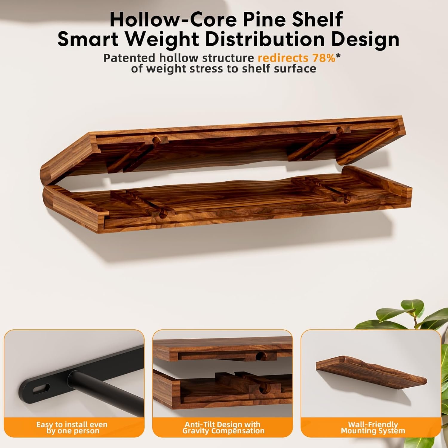 Floating Shelves for Wall Rustic Farmhouse 36 Inch Floating Shelf Bathroom Wooden Shelves for Wall Mounted Live Edge Pine Shelf with Unique Natural Grain for Living Room Bedroom Kitchen (Walnut) - Image 7