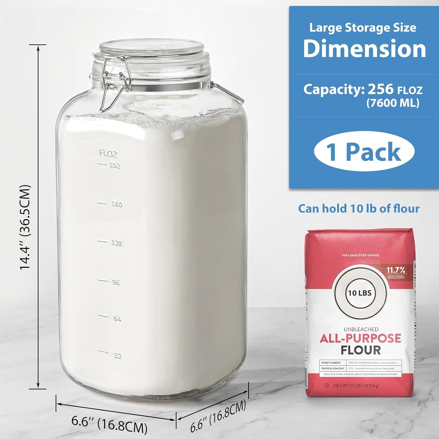 2 Gallon Glass Jar with Airtight Lid, 1 Pack Glass Storage Jars with Sturdy Stainless Steel Handle(256 FL Oz), Wide Mouth Jar, Flour Sugar Storage Containers for Rice, Cereals, Oats, Flour - Image 4