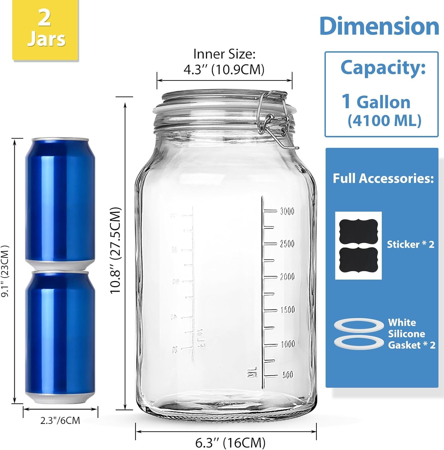 1 Gallon Super Wide Mouth Glass Storage Jars with Airtight Lids and 2 Measurement Marks, Leak Proof Glass Container with Hinged Lids, Large Pickle Jars with Labels and Silicone Gasket, 2 Pack - Image 5