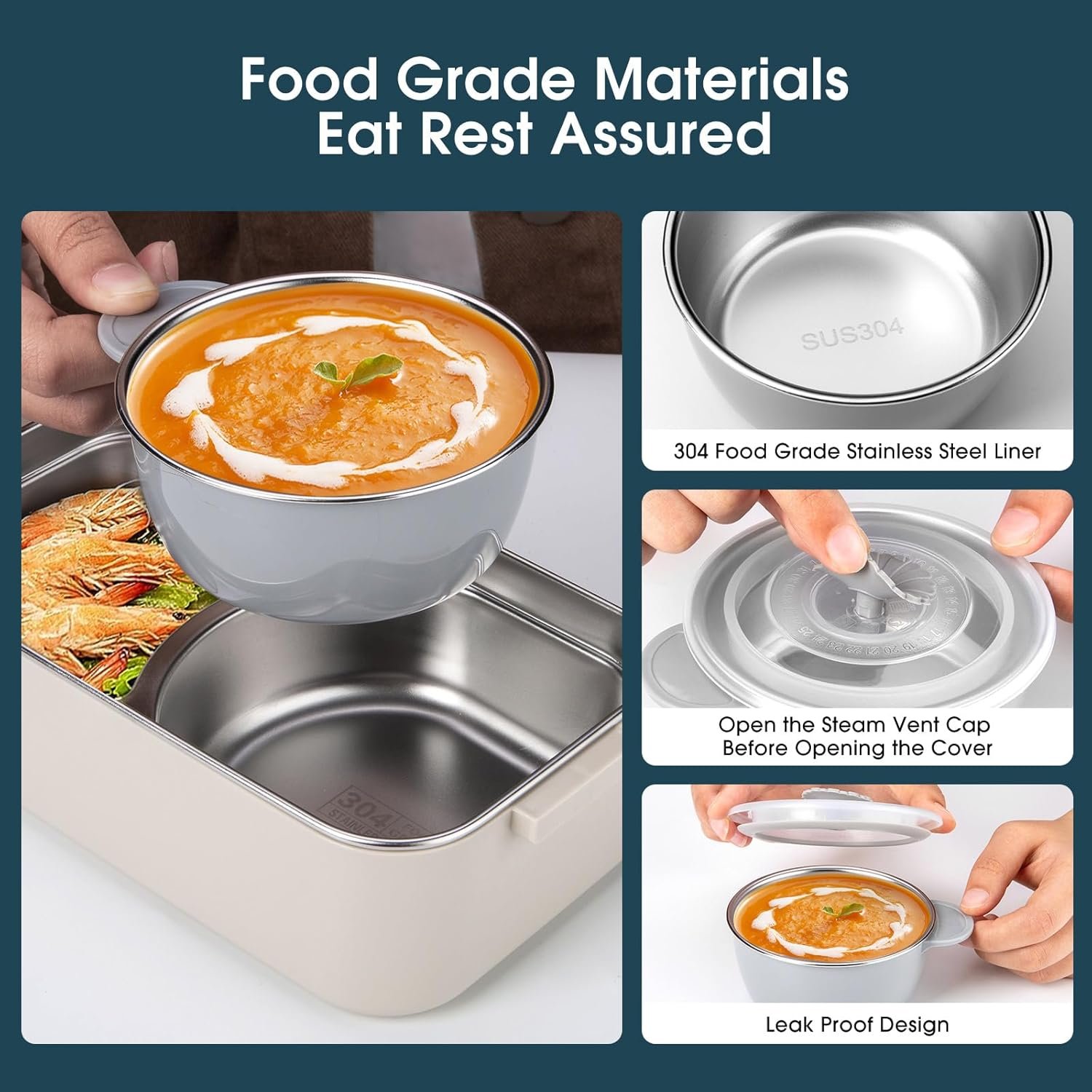 Bento Box Adult Lunch Box, Stackable 3 Layer 304 Stainless Steel Lunch box for Adults Kids Office, 3L Large Capacity Portable Lunch Box Containers with Soup Bowl Spoon and Fork - Image 4