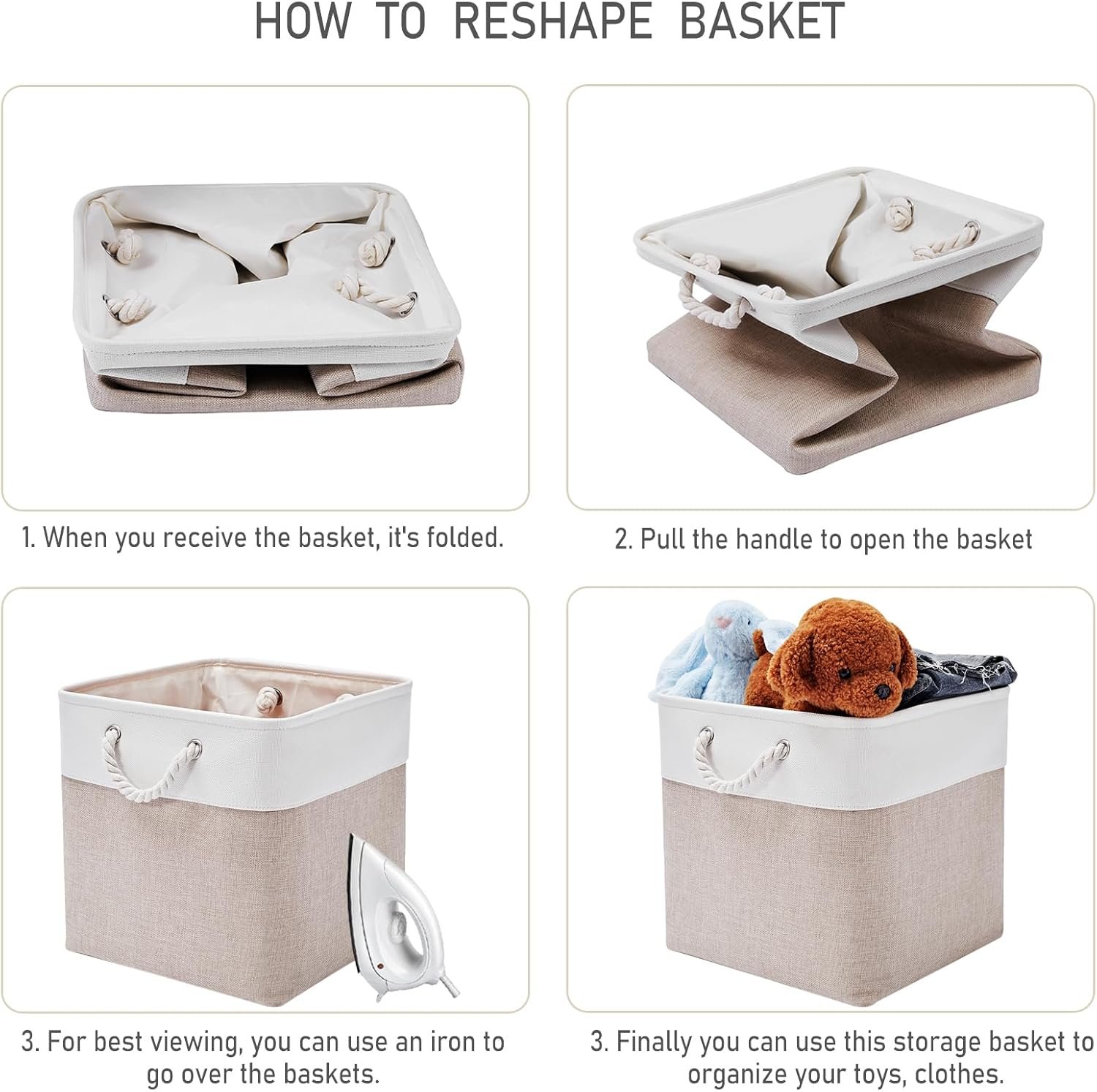 13 x 13 Inch Storage Cubes,6 Pack Cube Storage Bins for Shelves,Fabric Collapsible Storage Bins with Handles, Foldable Storage Basket for Organizing Clothes, Toys, Books (White&Beige) - Image 6