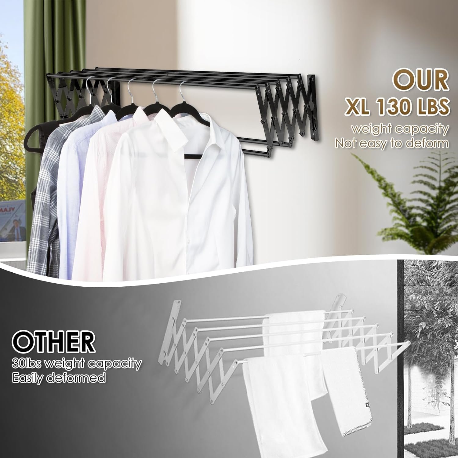 XL-31.5'' Wall Mounted Clothes Drying Rack, 130 lbs Large Capacity Rustproof Retractable Collapsible Drying Rack Easy Install with 7 Drying Rods, Space Saving Towel Clothes Rack for Laundry-Black - Image 6