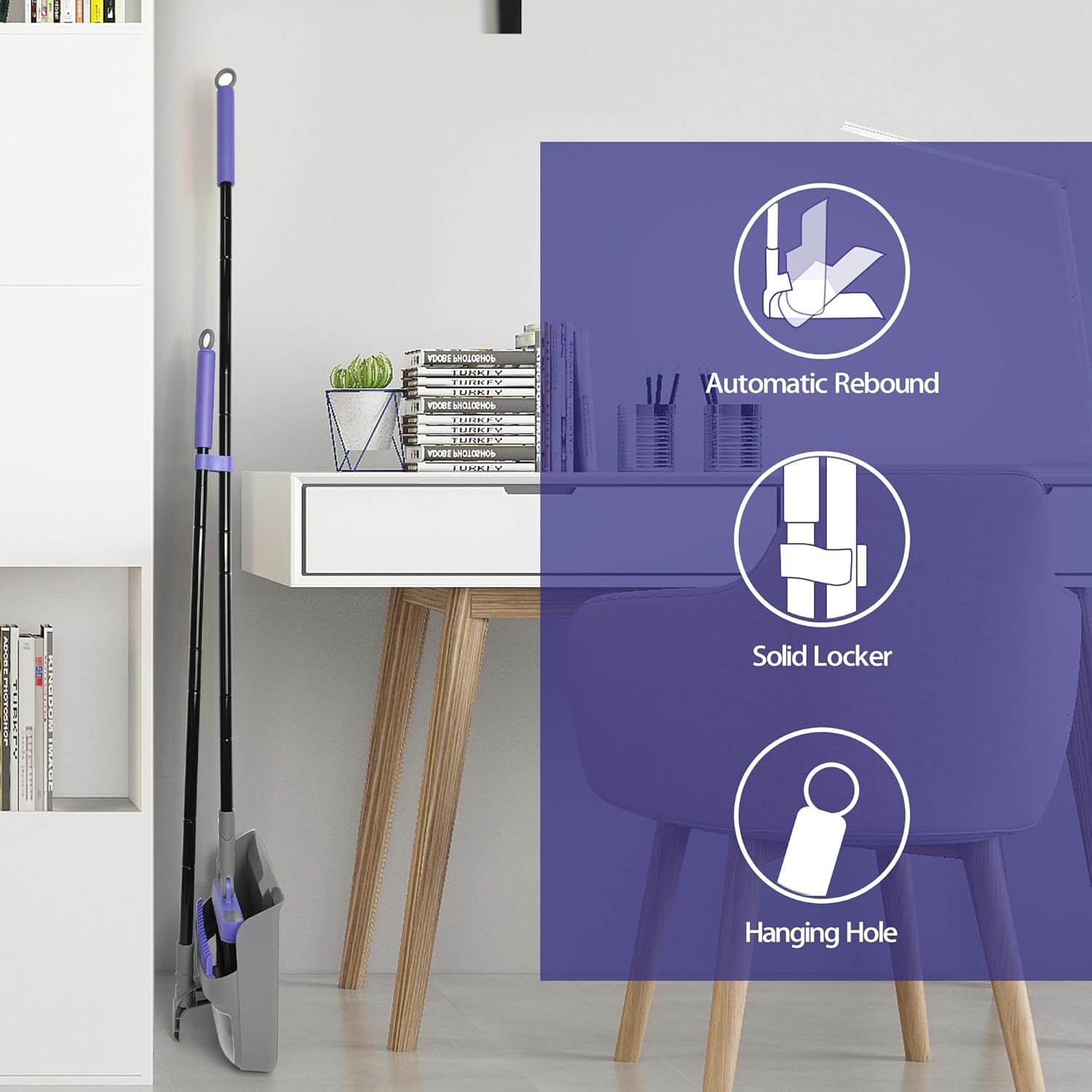 Collapsible Broom with Dustpan Combo, 54 Inch Long Handle Soft Bristle 180 Degree Swivel Brush Indoor Outdoor Kitchen Lobby Dorm Room Classroom, Small Vertical Dustpan with Combing Teeth - Image 6