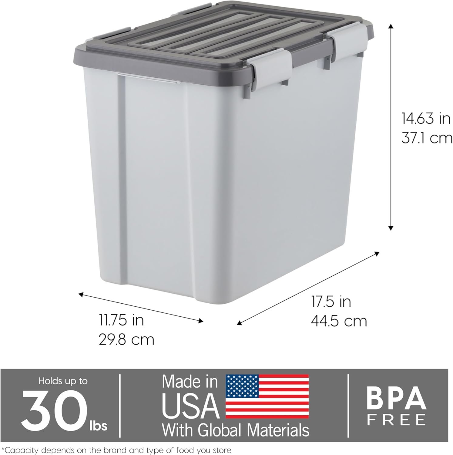 IRIS USA Stackable Dog Food Storage Container with 2 Cup Scoop, 4 Secure Latches, Fits up to 30 lbs, Pet Dry Food Bin, Gasket Seal Lid, BPA Free, Stackable, Easy Measure, Gray/Dark Gray - Image 4