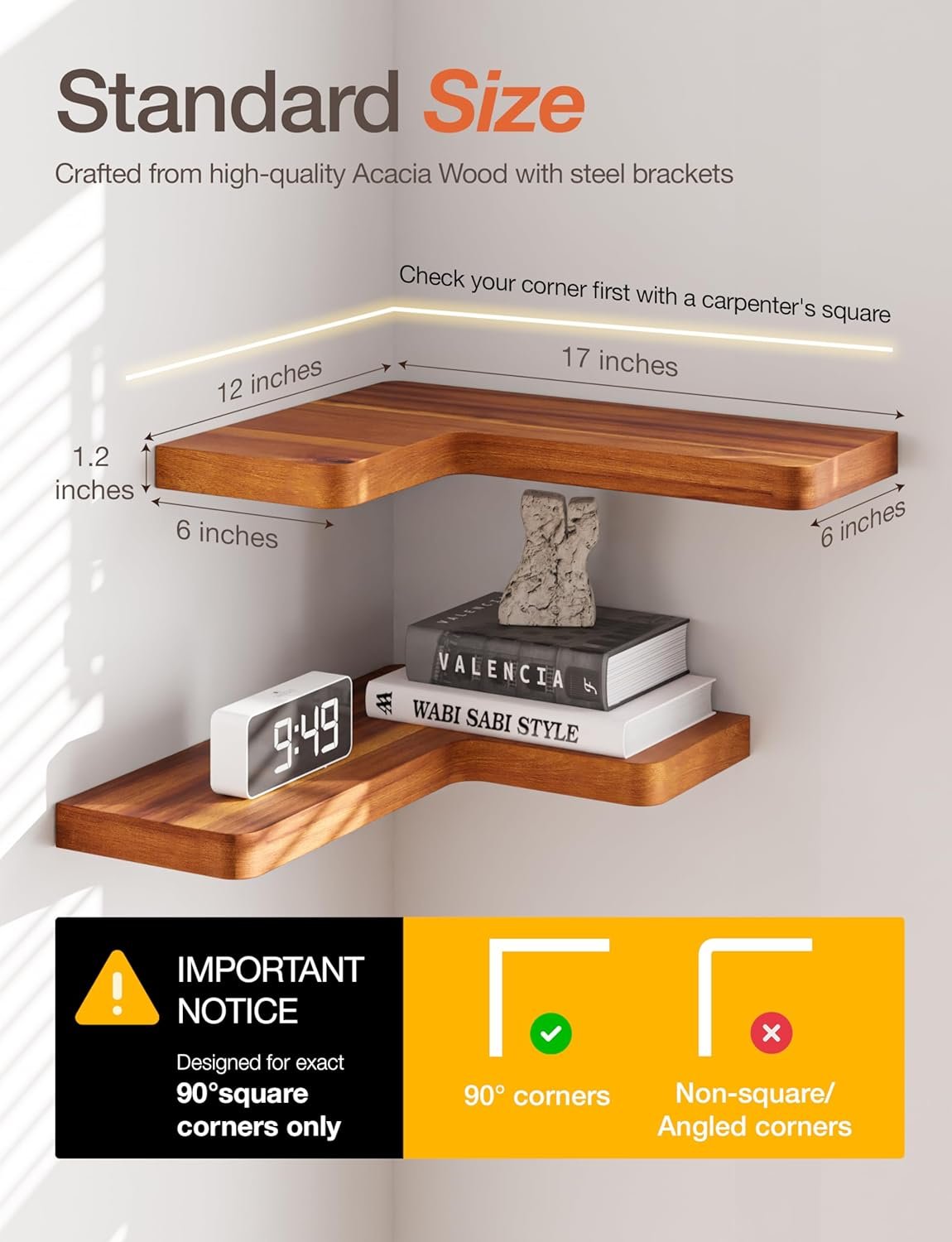 BATODA Acacia Wood Corner Floating Shelves 17" x 12"– Corner Shelf Wall Mounted - Floating Book Shelves for Wall - Brackets and Shelving Hardware Included for Kitchen, Living Room, Bathroom (Set 2) - Image 3