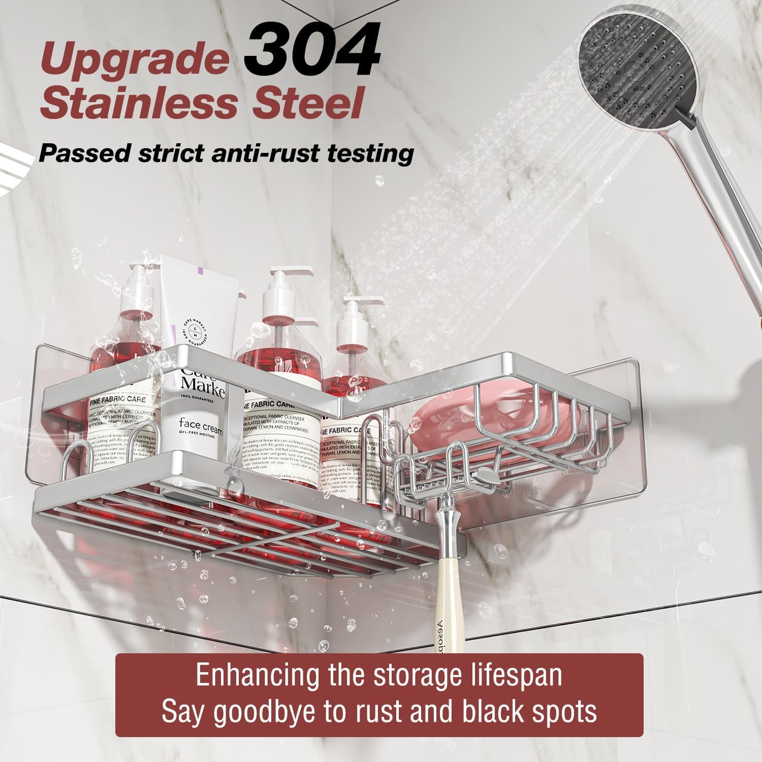 4-Pack Adhesive Corner Shower Caddy with Soap Holder, No Drilling Wall Mounted Shower Shelves-Rustproof, Organizer for Bathroom, Kitchen & Home Decor. Silver - Image 4