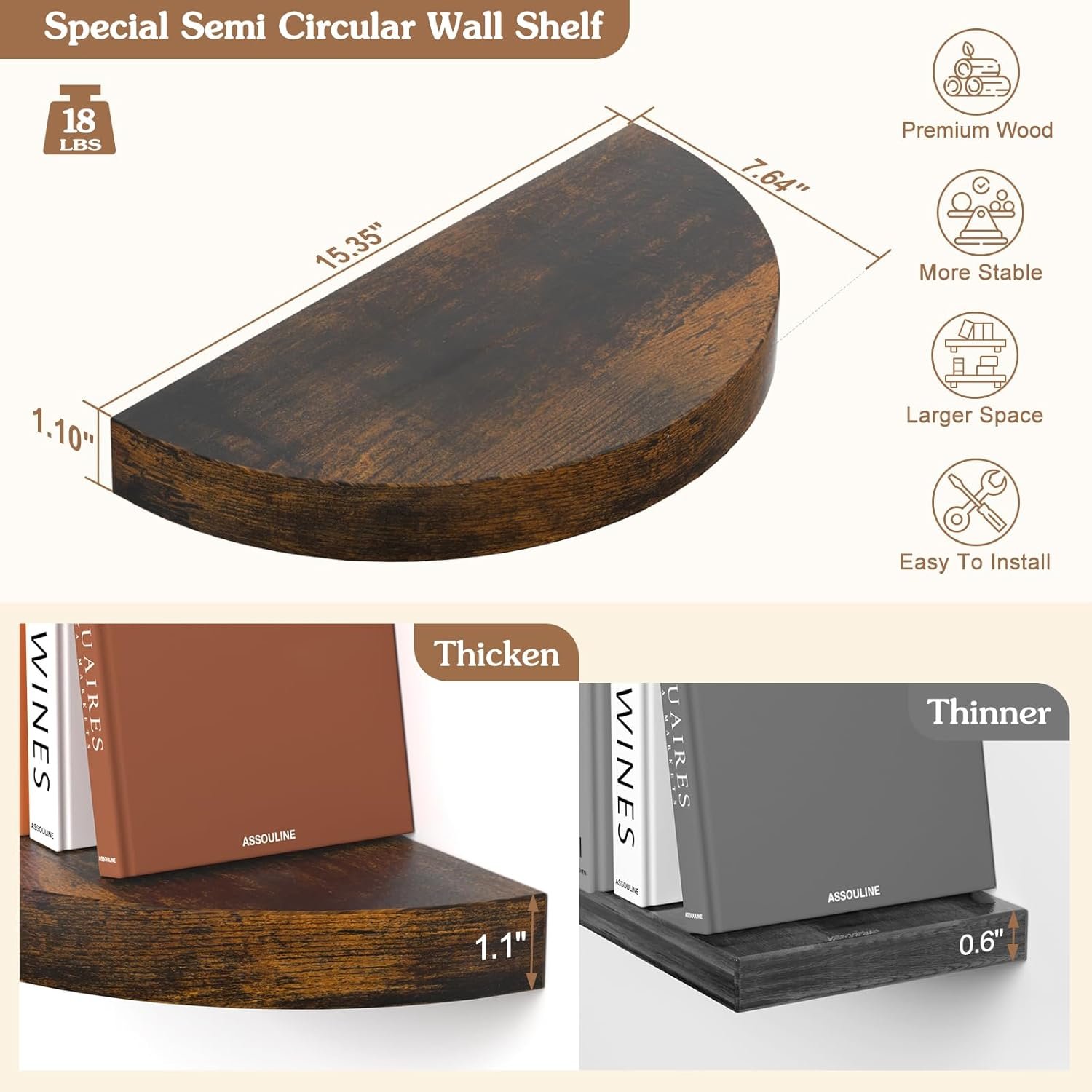 Olakee Floating Shelves for Wall Set of 3, 15.4" Rustic Wood Wall Mounted Shelves for Bathroom, Bedroom, Living Room, Kitchen, Office – Heavy Duty Decorative Storage Shelves – Carbonized Black - Image 4