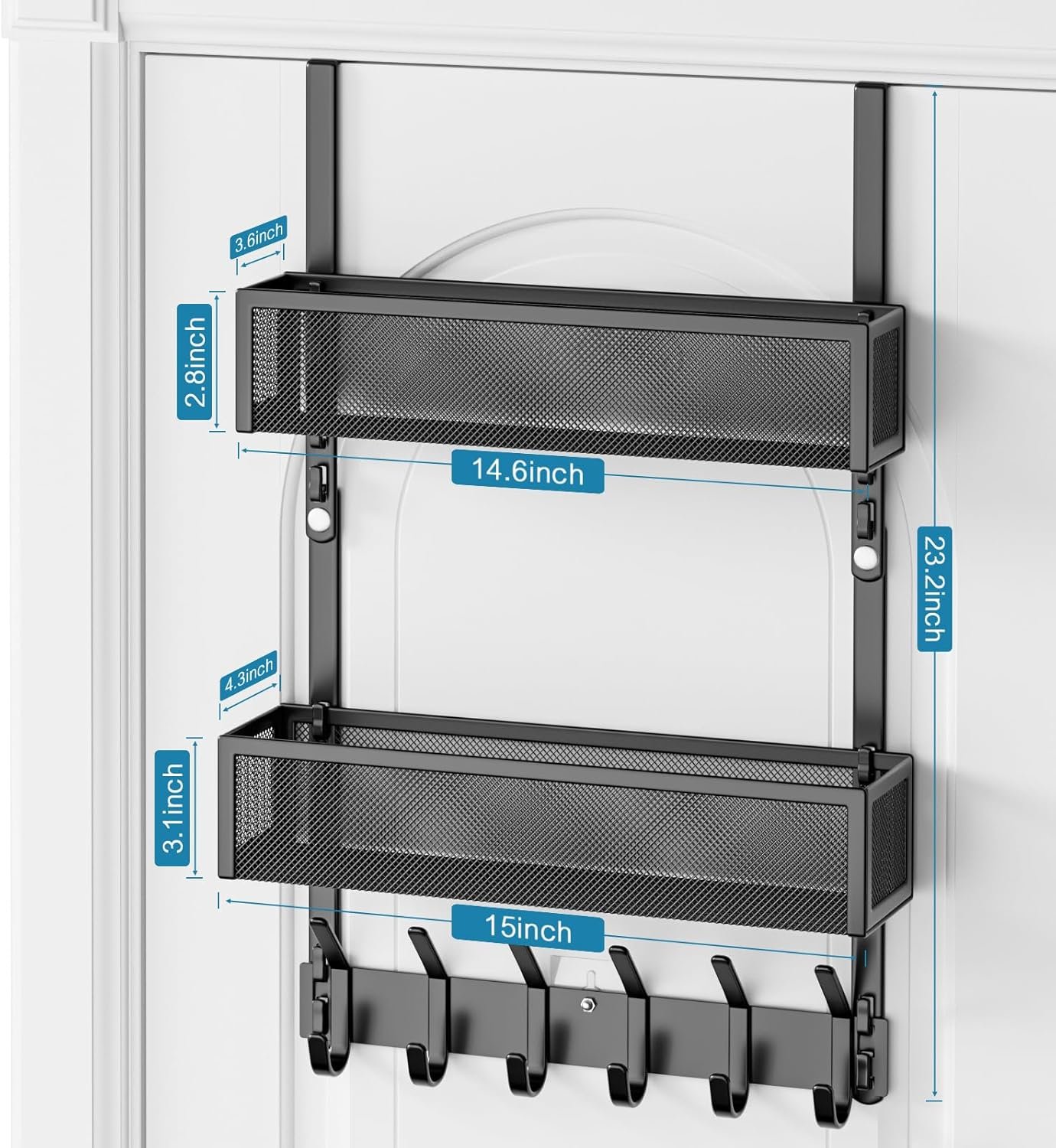 Over The Door Hooks Organizer, Over The Door Towel Rack with 12 Coat Hooks and 2 Mesh Basket, Bathroom Door Organizer Back of Door Hanger Organizer for Bedroom, Kitchen(Black) - Image 7