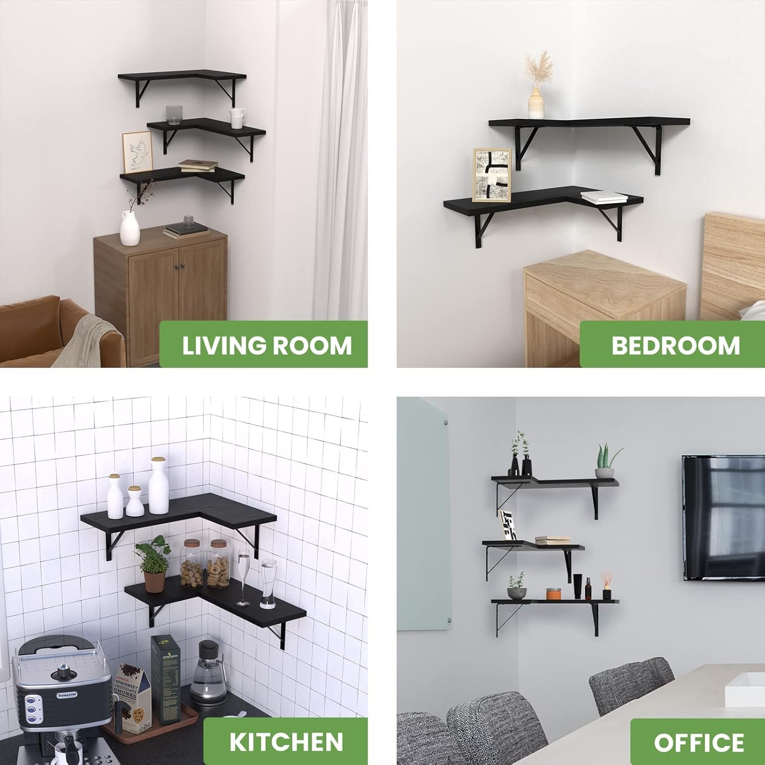 NATURE'S SOURCE Corner Floating Shelves Set of 3, Corner Shelves Wall Mounted, for Bedroom Kitchen Living Room Bathroom Office- Gothic Style (Black) - Image 7