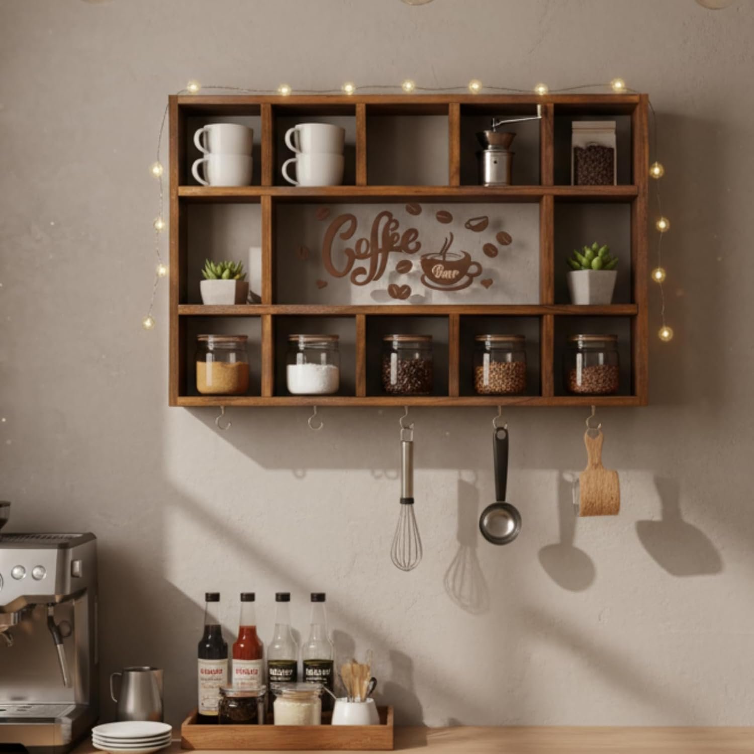 Oversize Coffee Mug Display Shelf for Wall Wood Coffee Mug Rack Wall Mounted Shelf Cubes Cup Hooks Hanger with Bar Sign Decor for Kitchen Station Bar Accessories(Rustic Brown) - Image 4