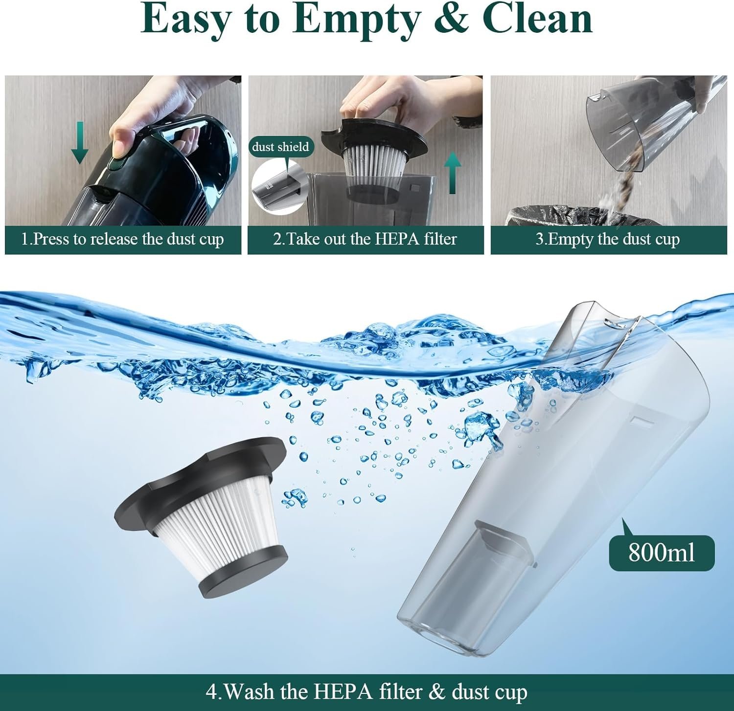 Minthouz Handheld Vacuum Cordless, Strong Suction Car Vacuum Cleaner with LED Light, Long Runtime Hand Vacuum Cordless Rechargeable, Hand Held Vac with Charging Base for Home/Car/Pet/Office - Image 7